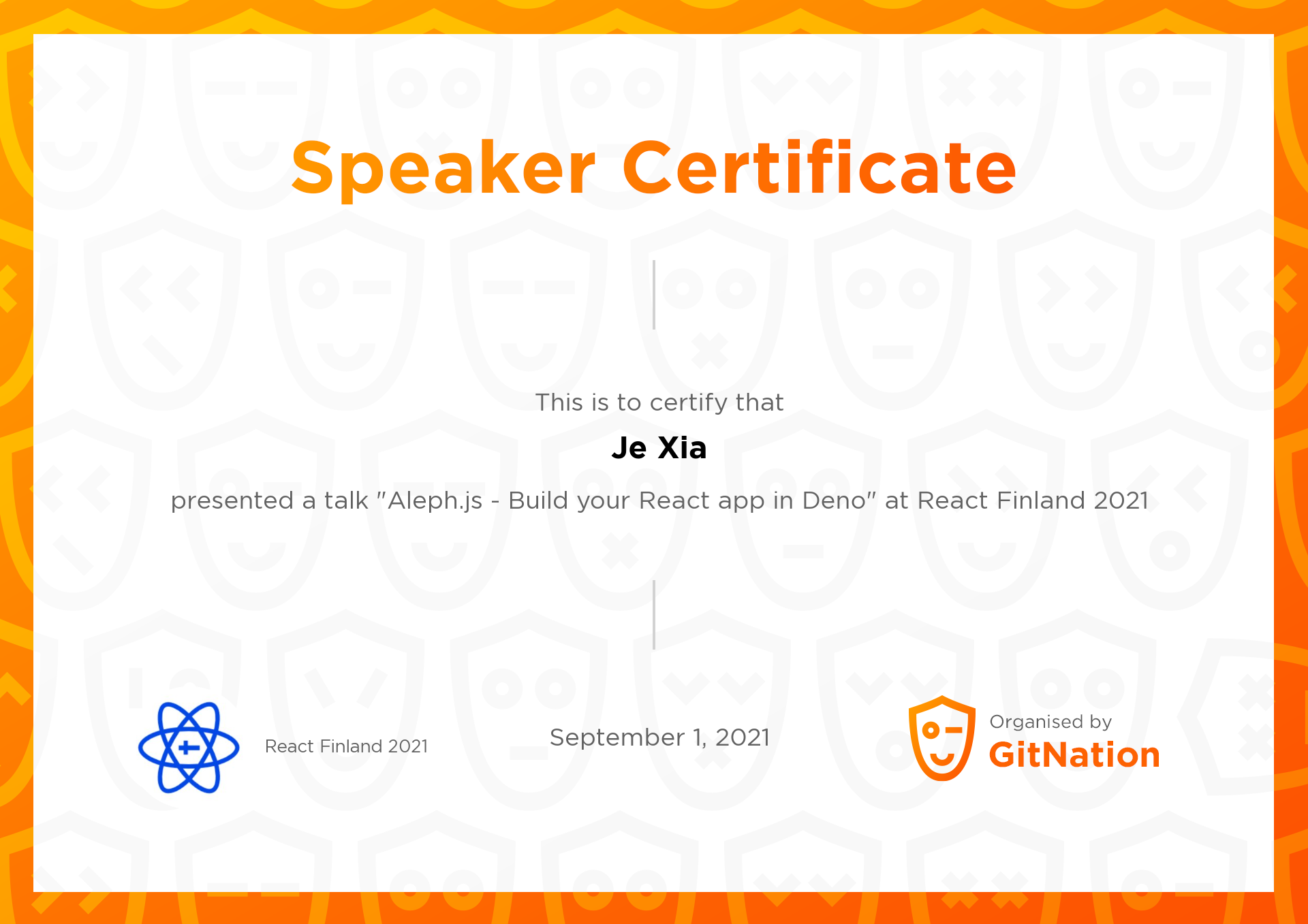 Je Xia's Certificate from React Finland