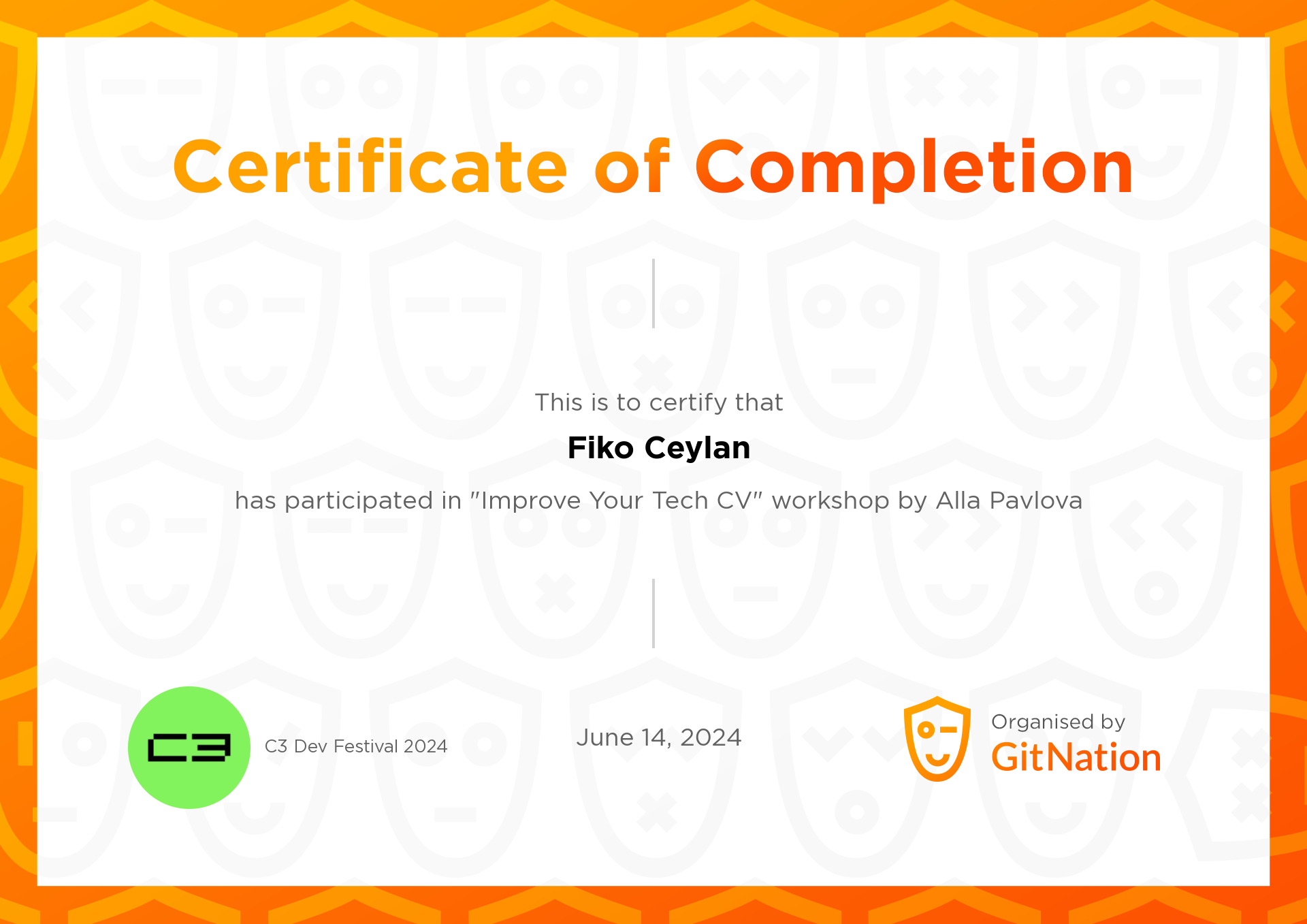 Fiko Ceylan's Certificate from C3 Dev Festival