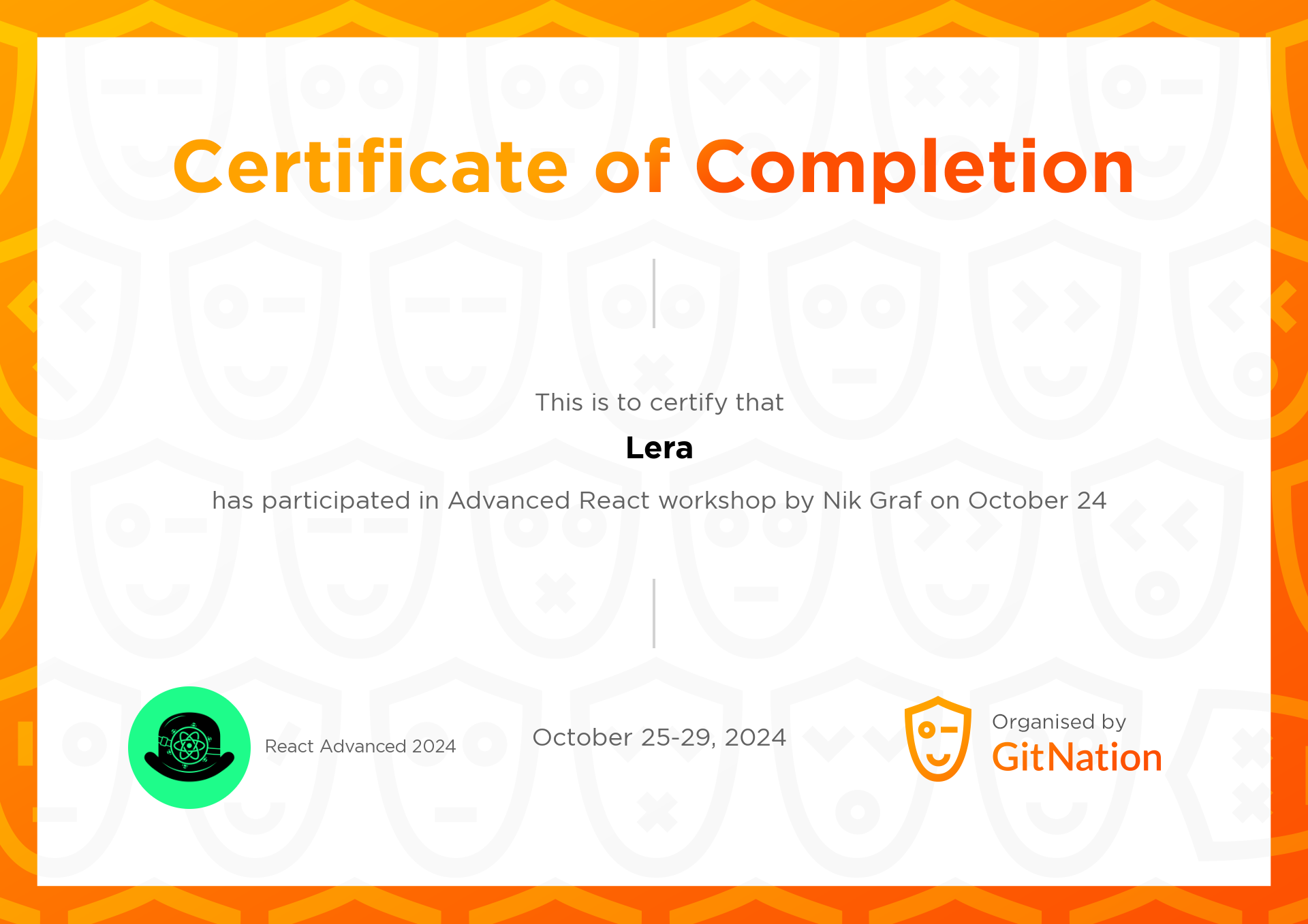 Lera's Certificate from React Advanced