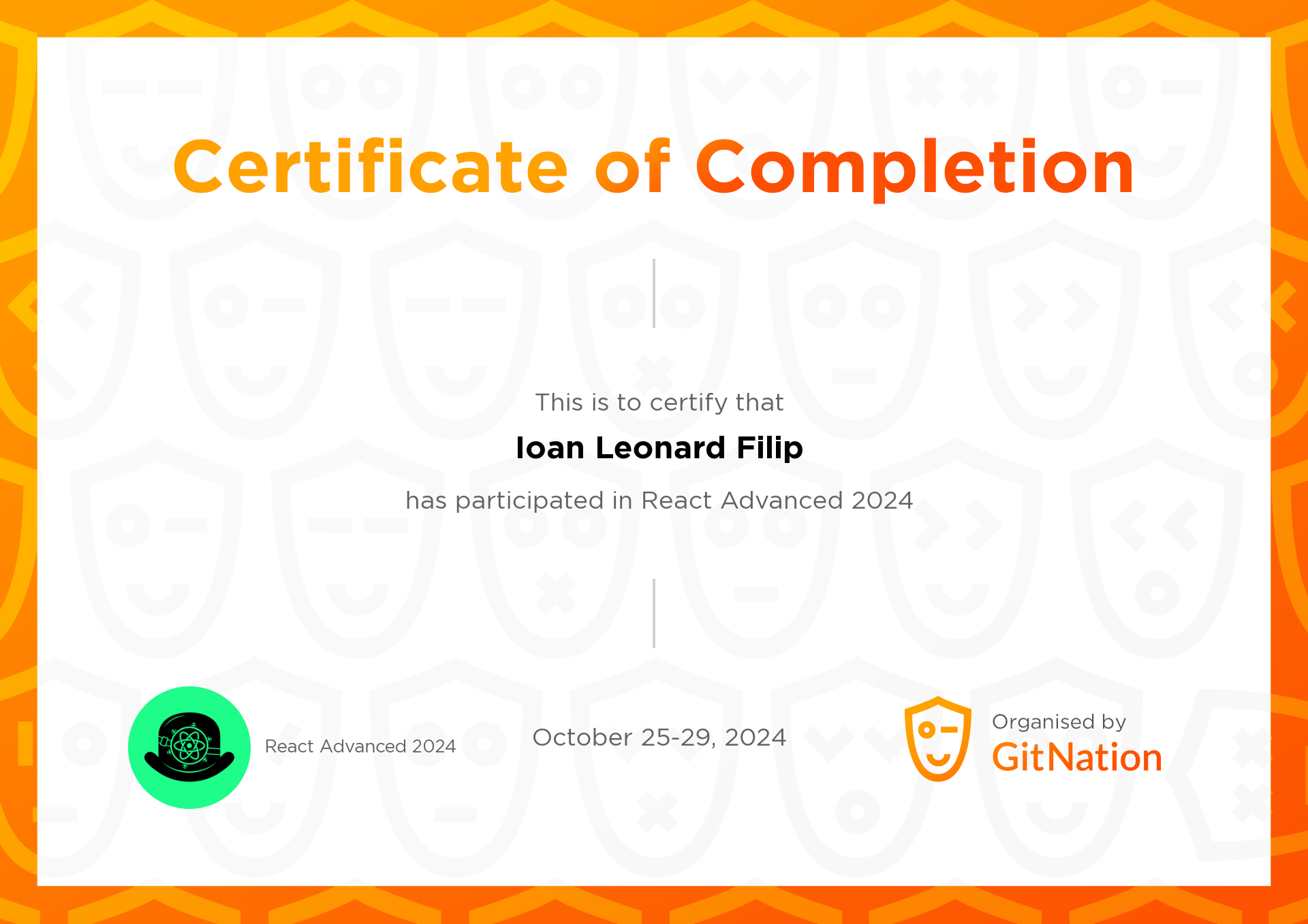 Ioan Leonard Filip's Certificate from React Advanced
