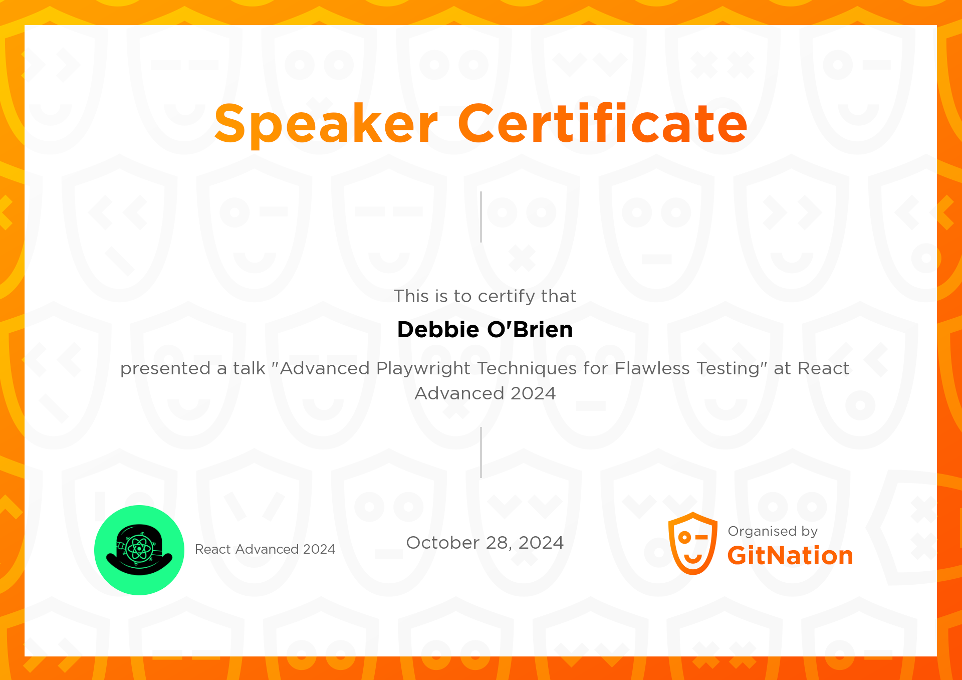 Debbie O'Brien's Certificate from React Advanced