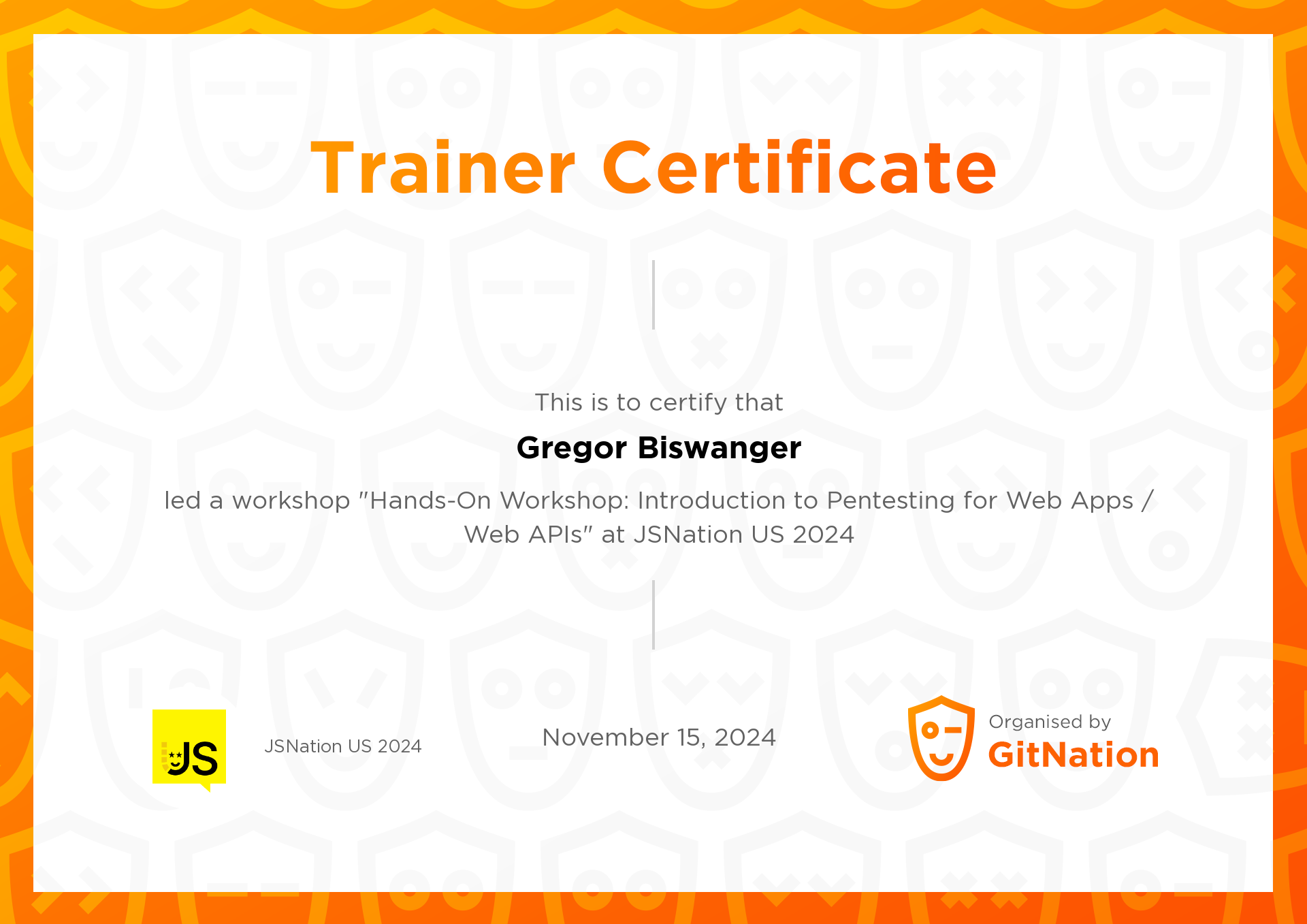 Gregor Biswanger's Certificate from JSNation US