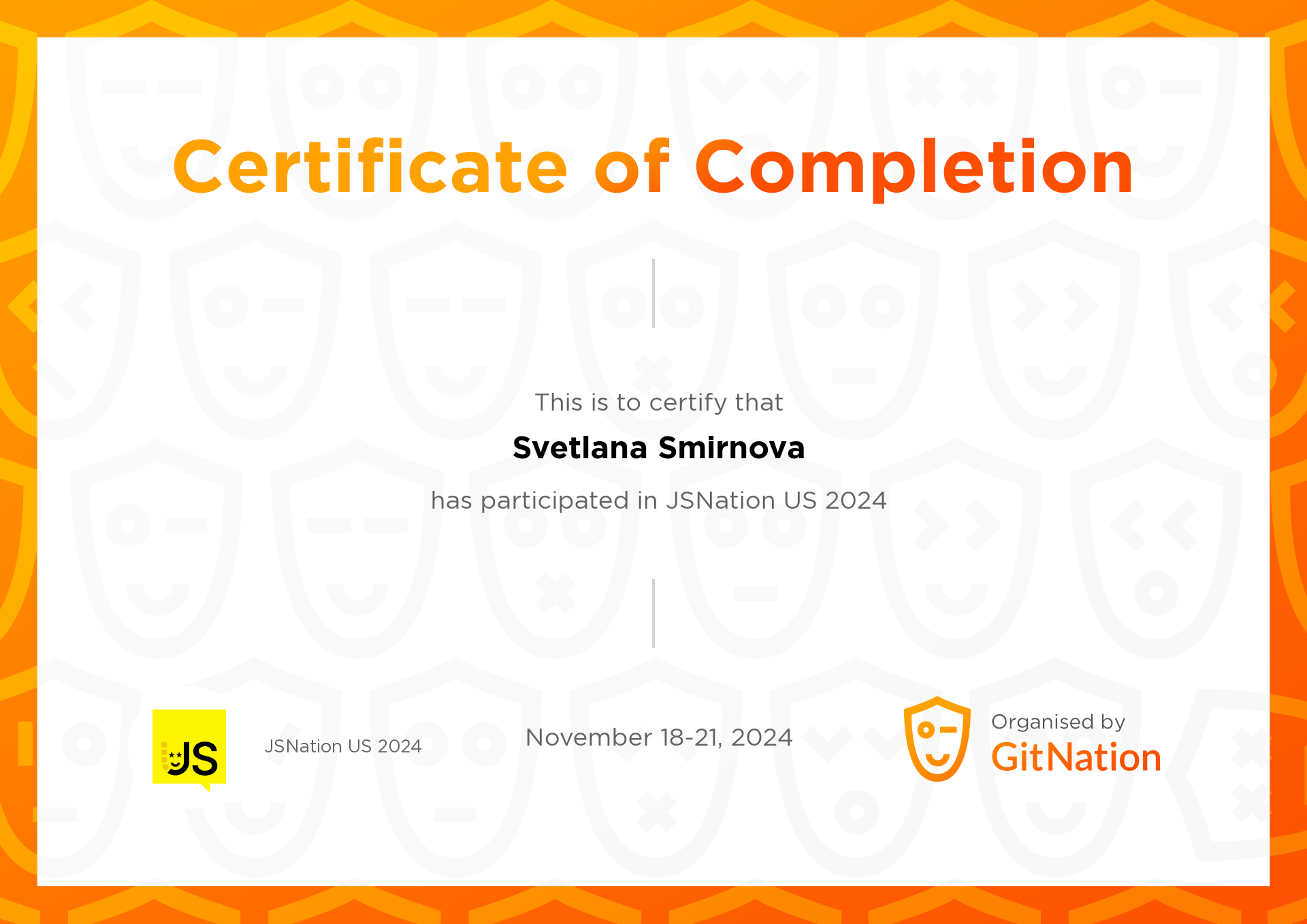 Svetlana Smirnova's Certificate from JSNation US