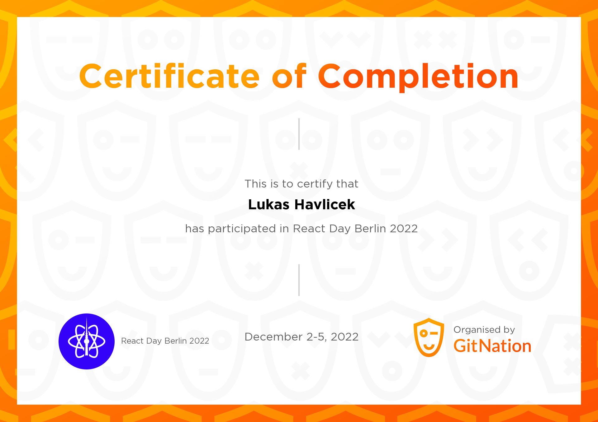 Lukas Havlicek's Certificate from React Day Berlin