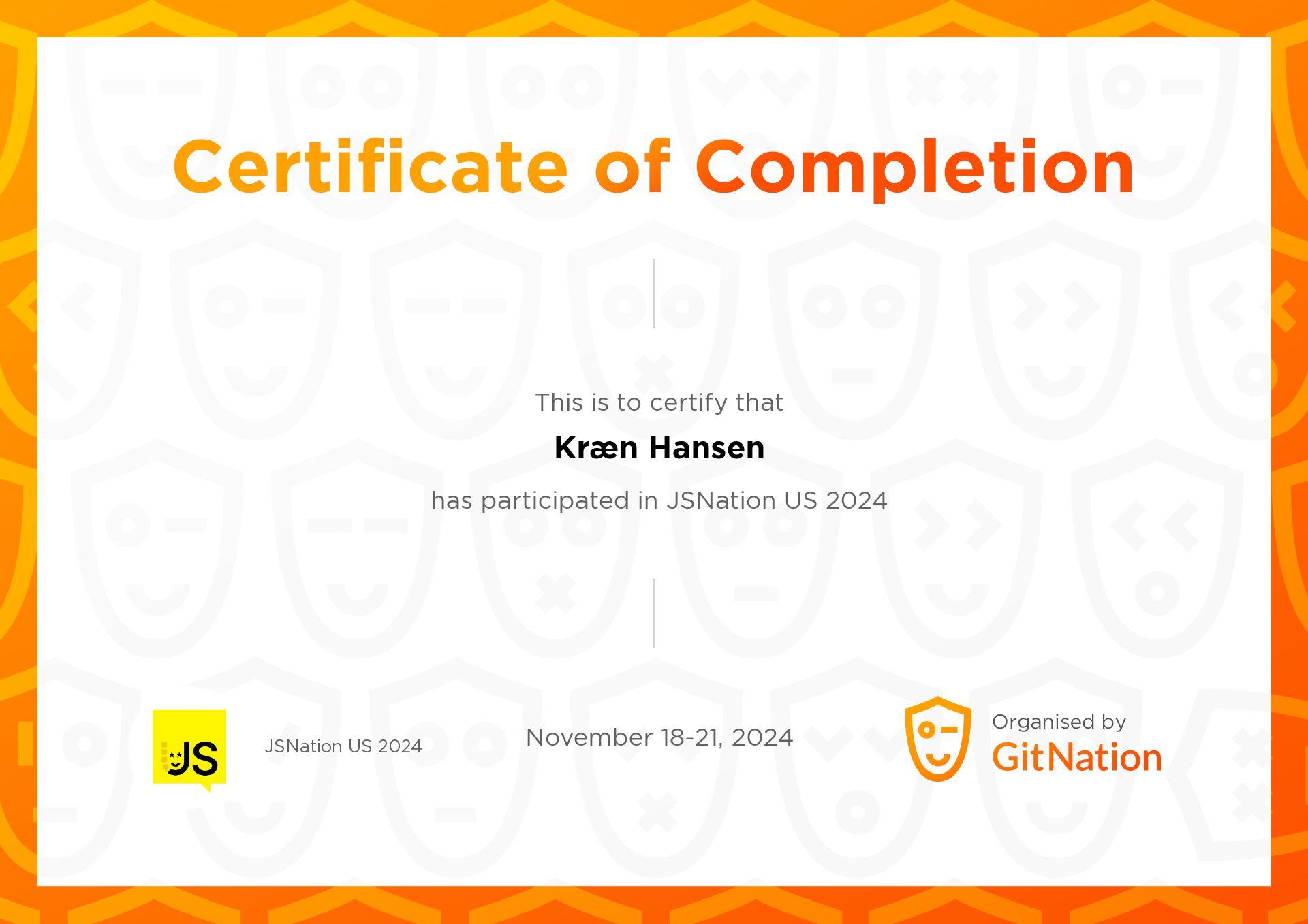 Kræn Hansen's Certificate from JSNation US