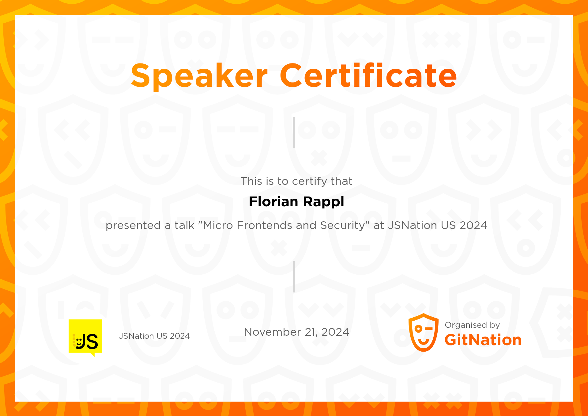 Florian Rappl's Certificate from JSNation US