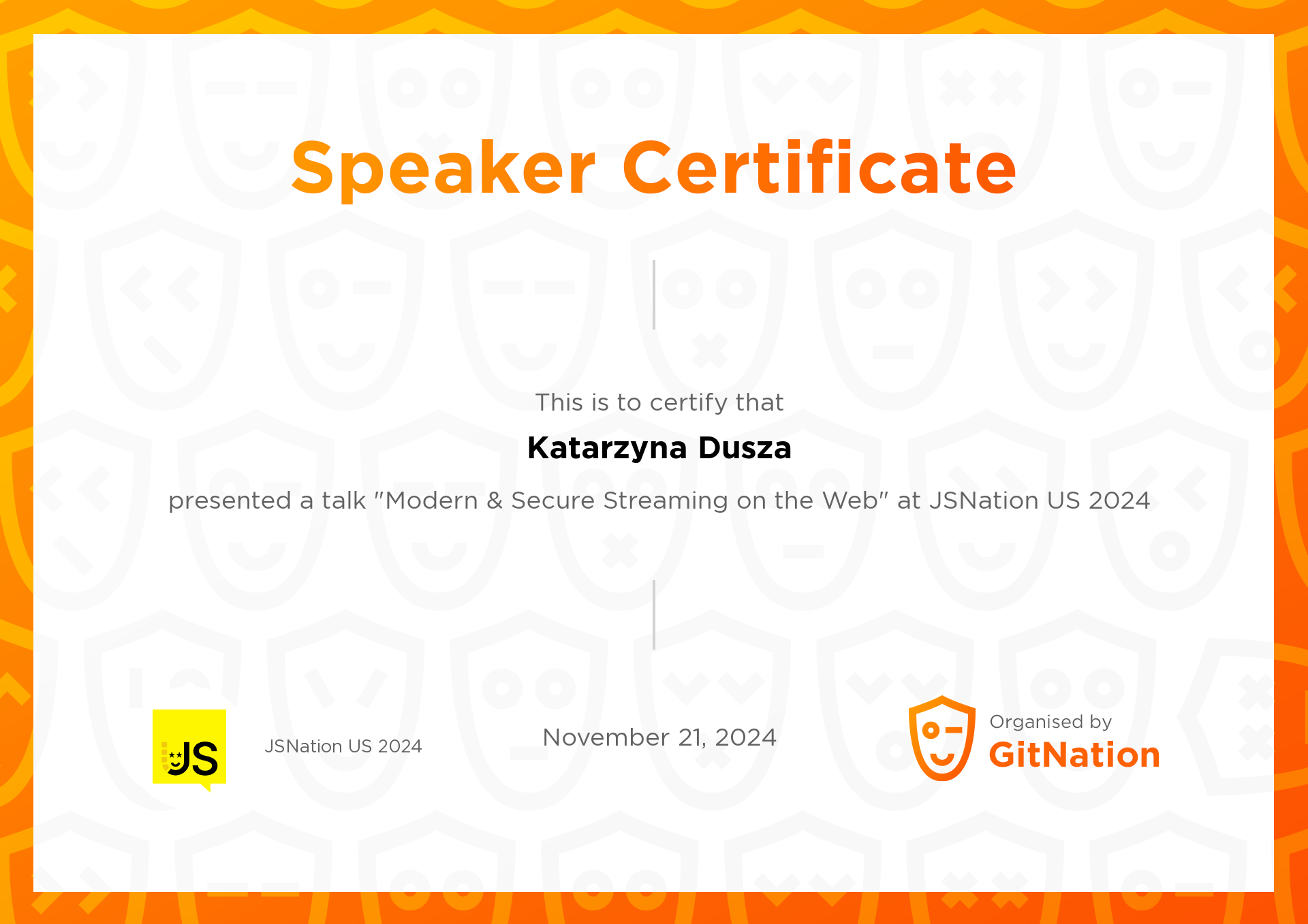 Katarzyna Dusza's Certificate from JSNation US