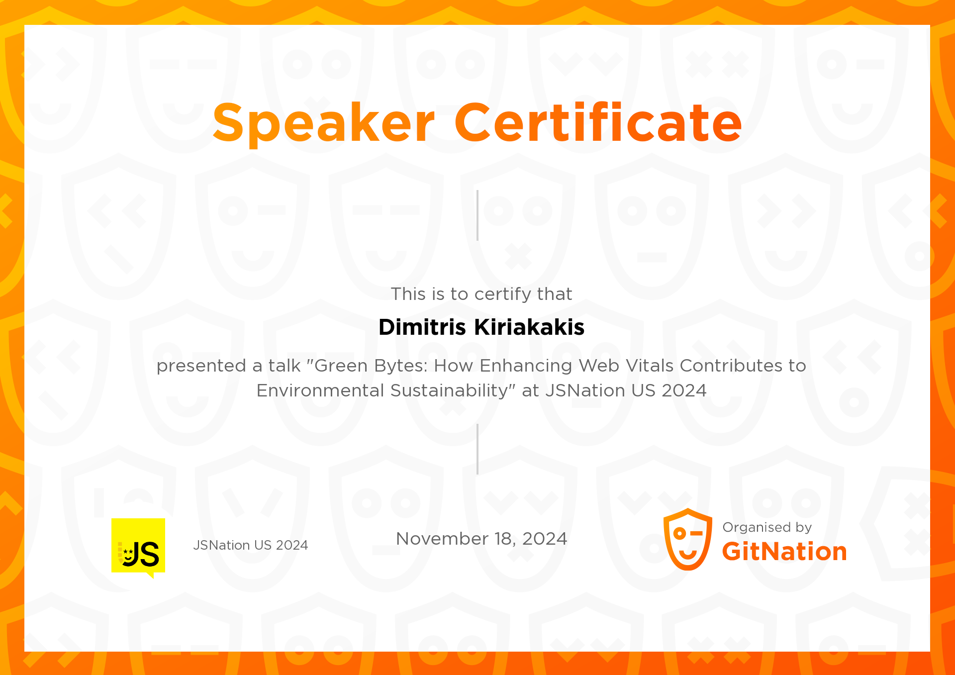 Dimitris Kiriakakis's Certificate from JSNation US