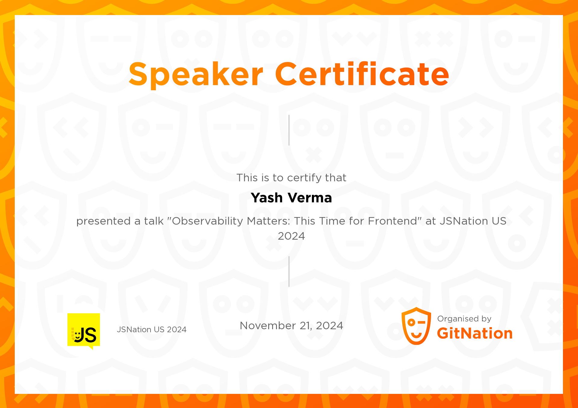 Yash Verma's Certificate from JSNation US