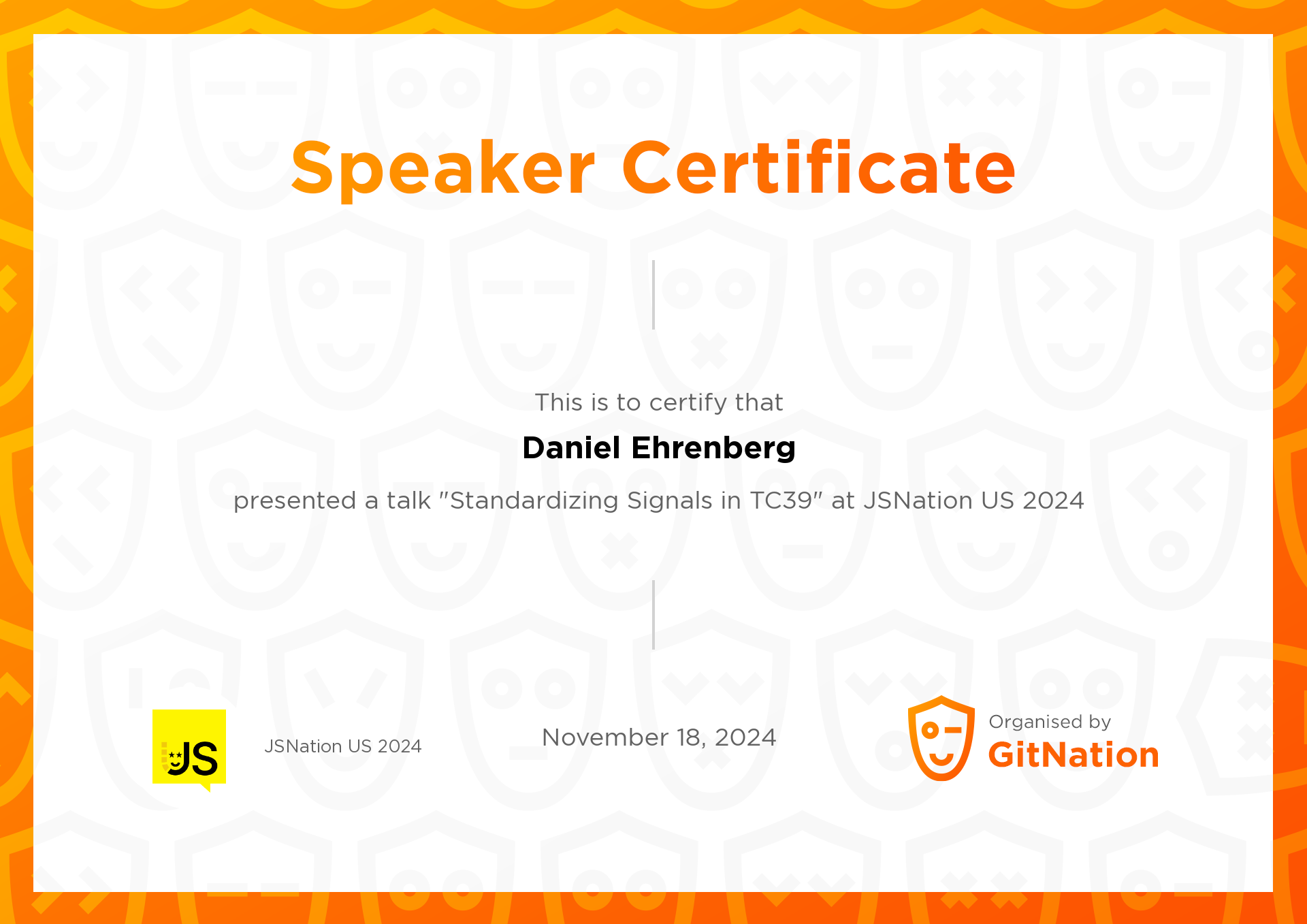 Daniel Ehrenberg's Certificate from JSNation US