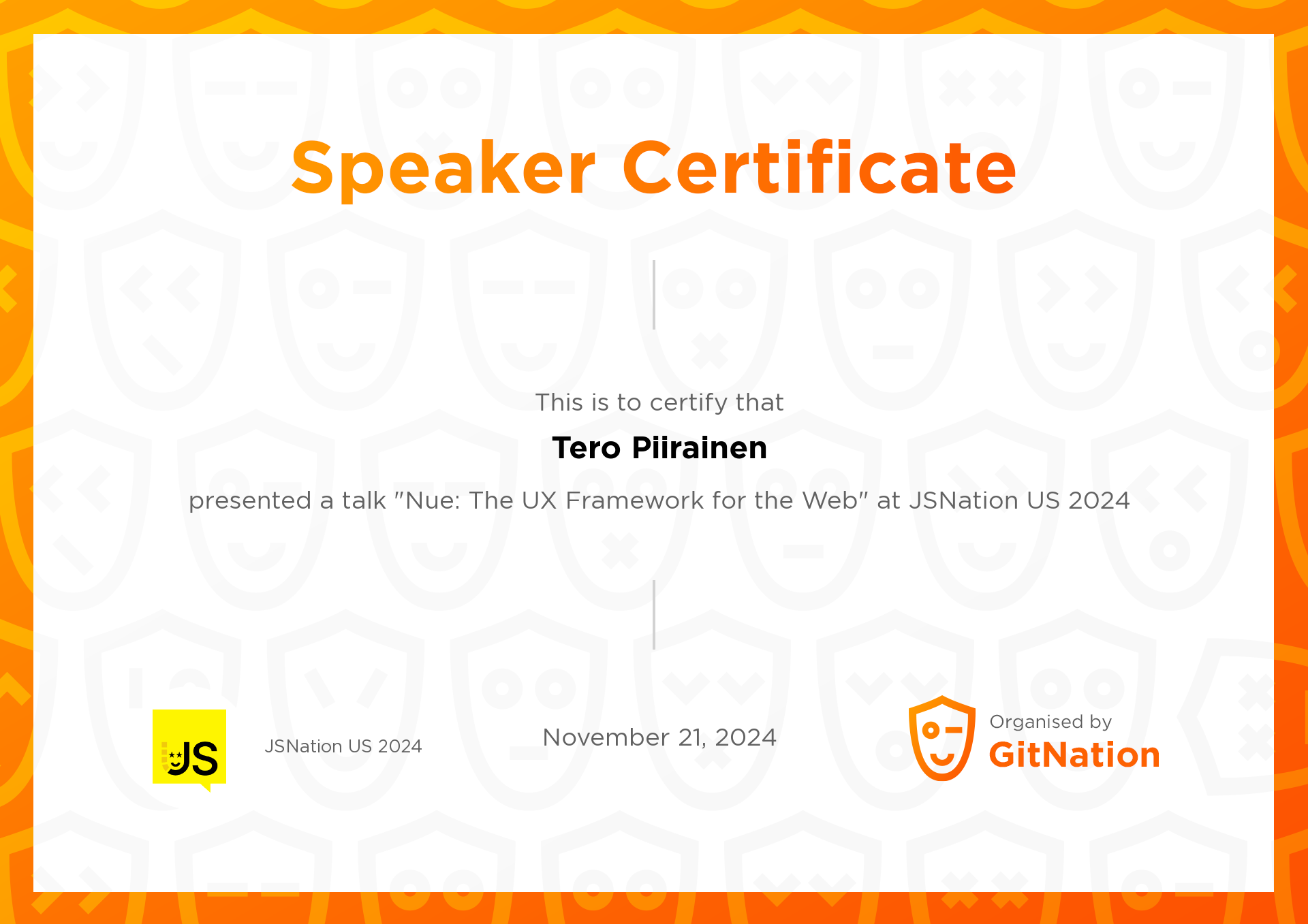 Tero Piirainen's Certificate from JSNation US