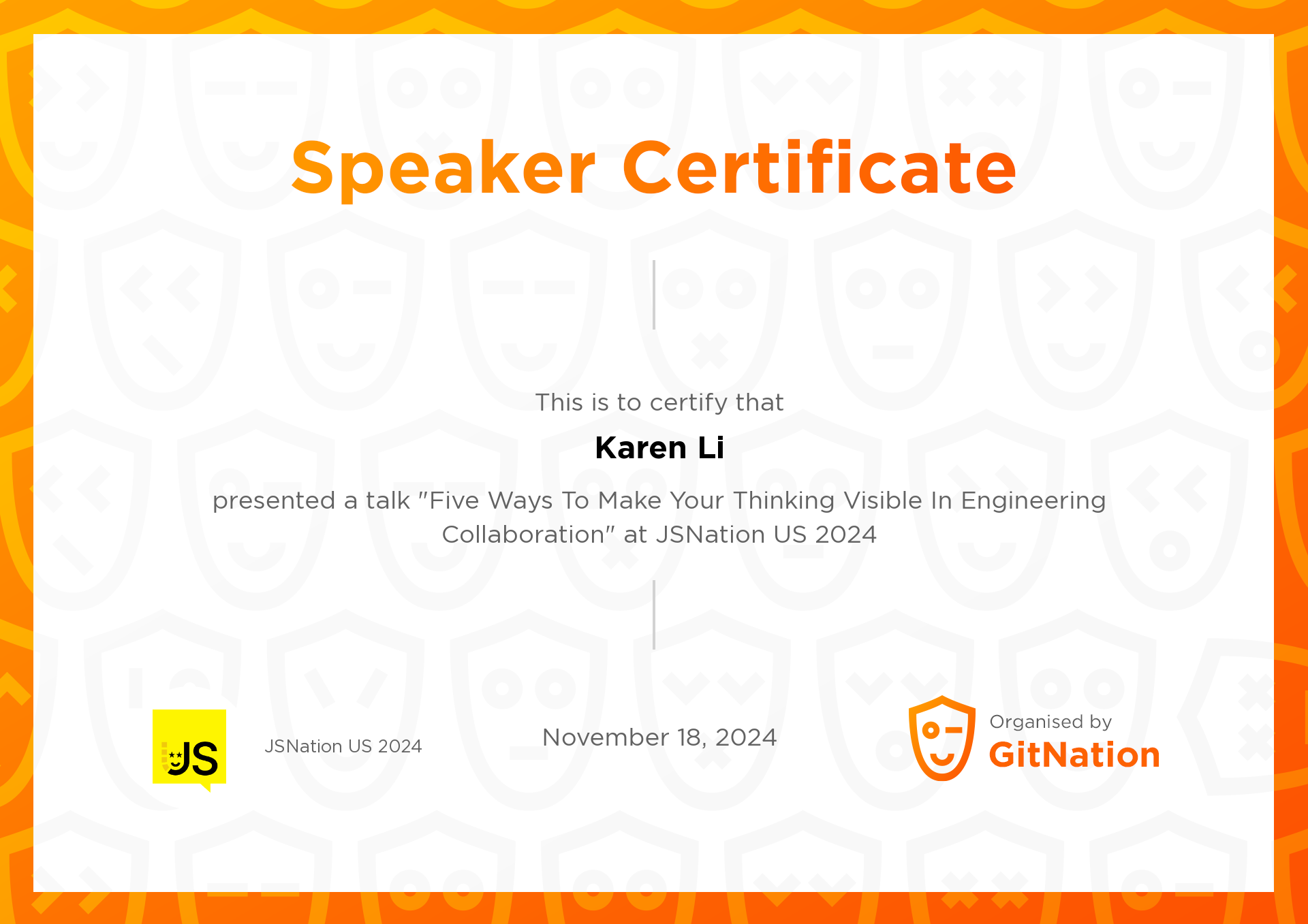 Karen Li's Certificate from JSNation US