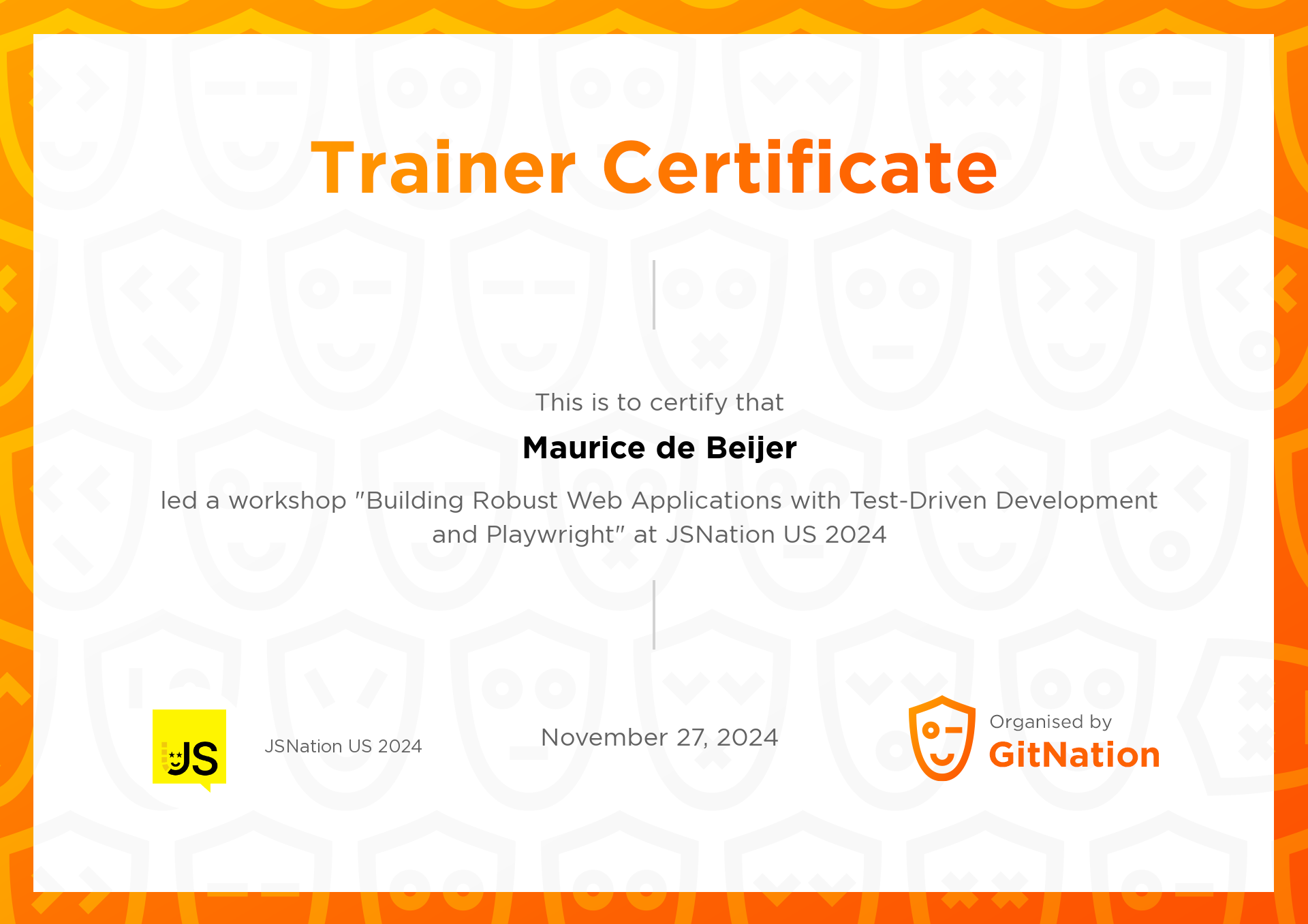 Maurice de Beijer's Certificate from JSNation US