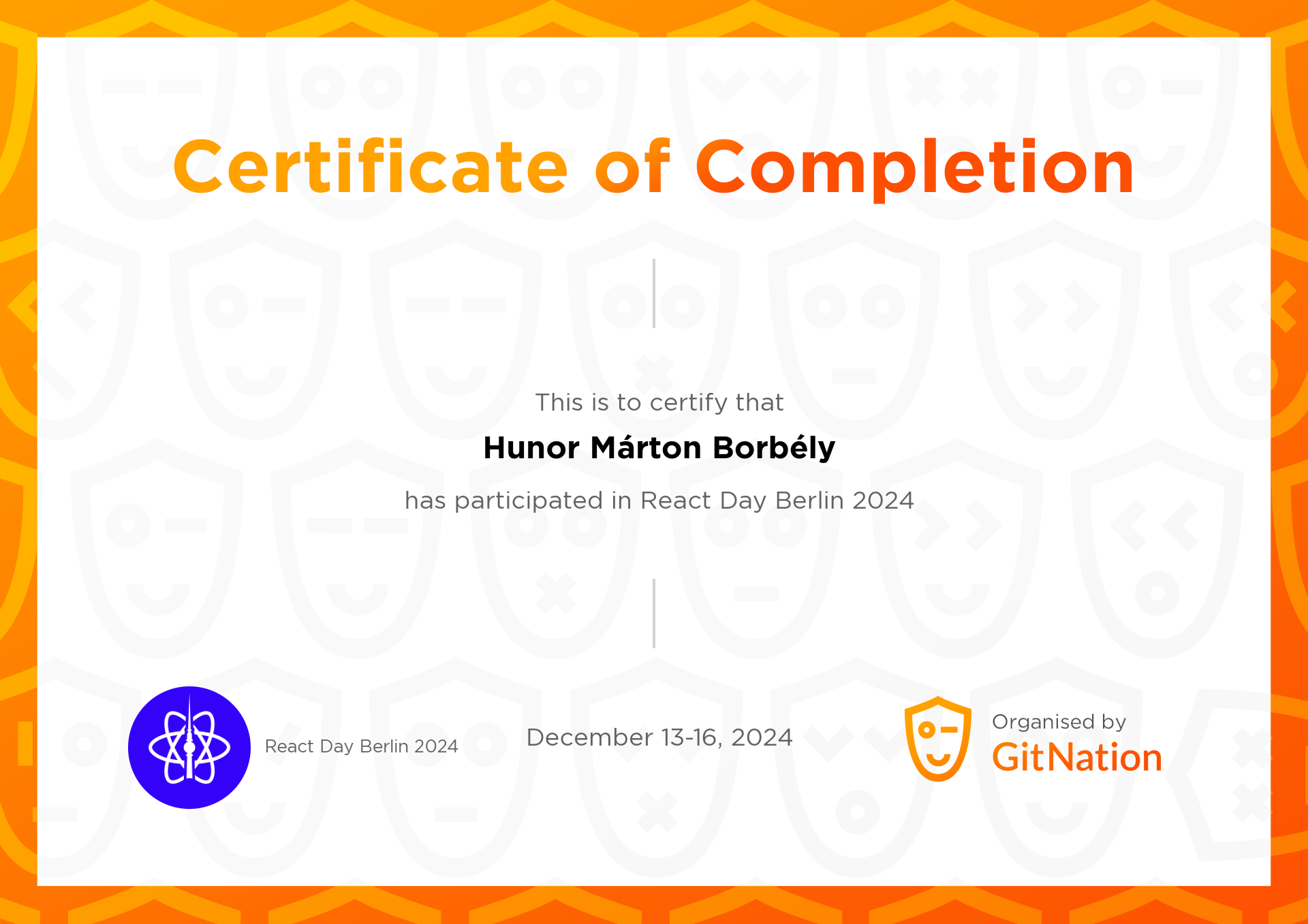 Hunor Márton Borbély's Certificate from React Day Berlin