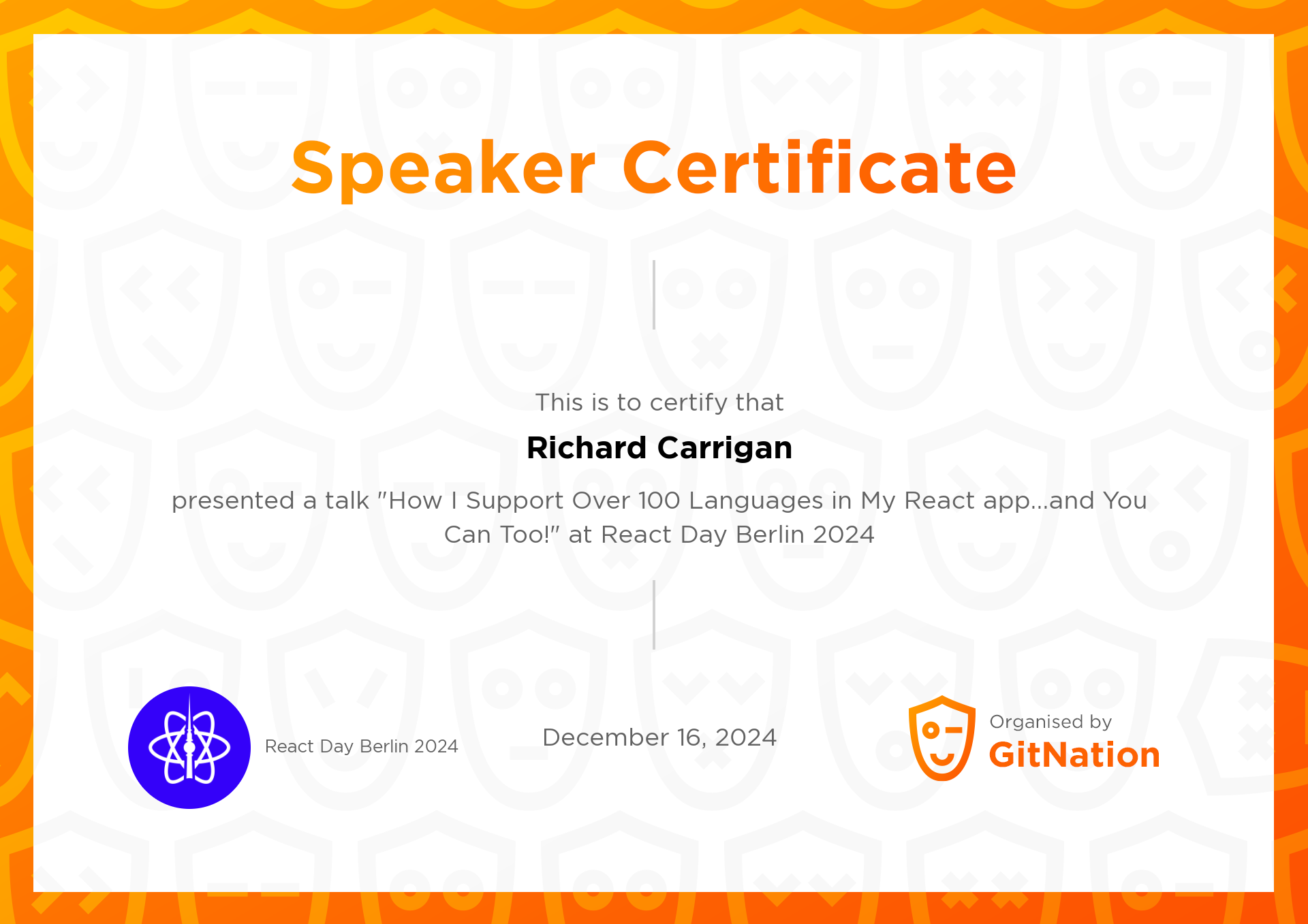 Richard Carrigan's Certificate from React Day Berlin