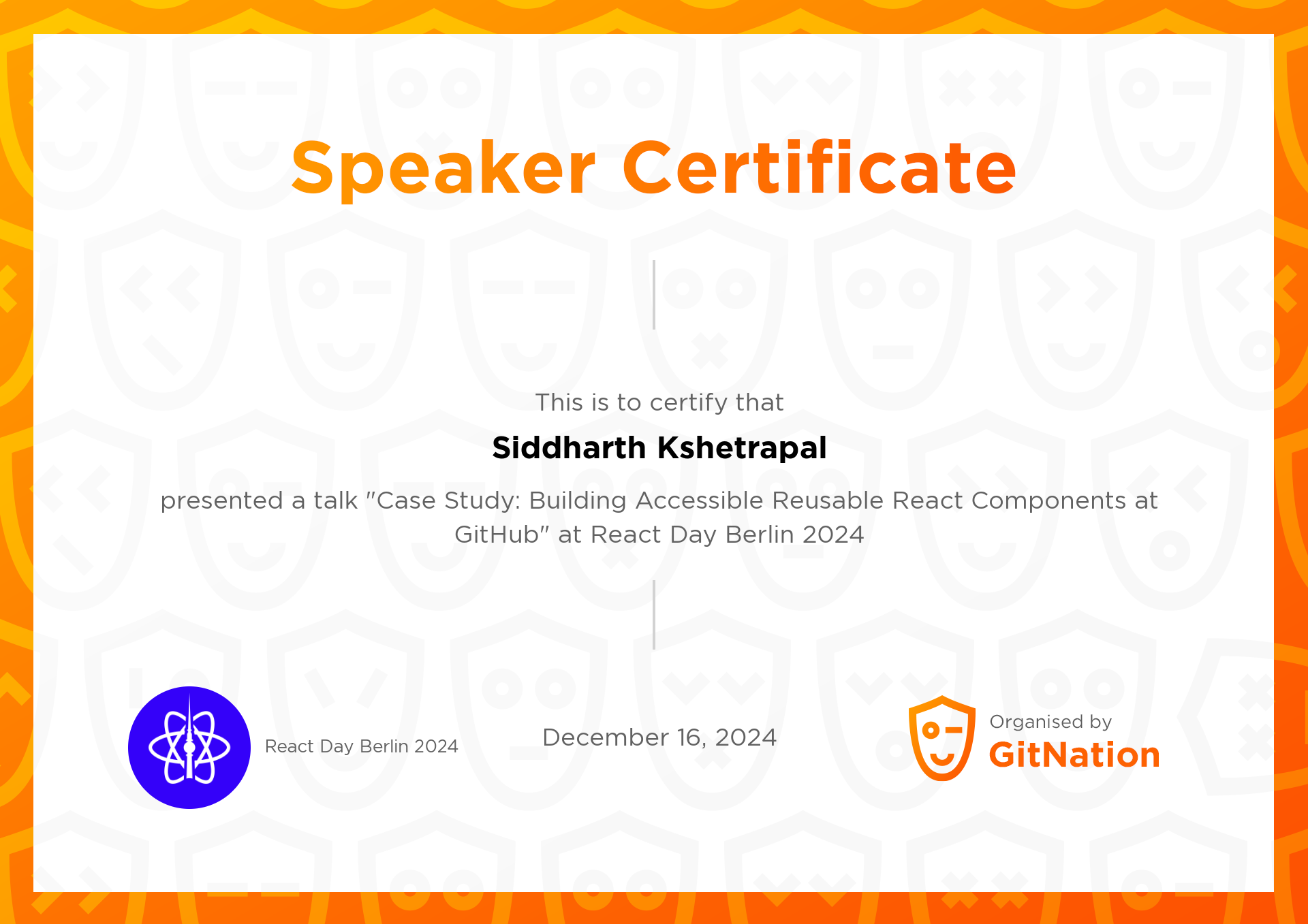 Siddharth Kshetrapal's Certificate from React Day Berlin