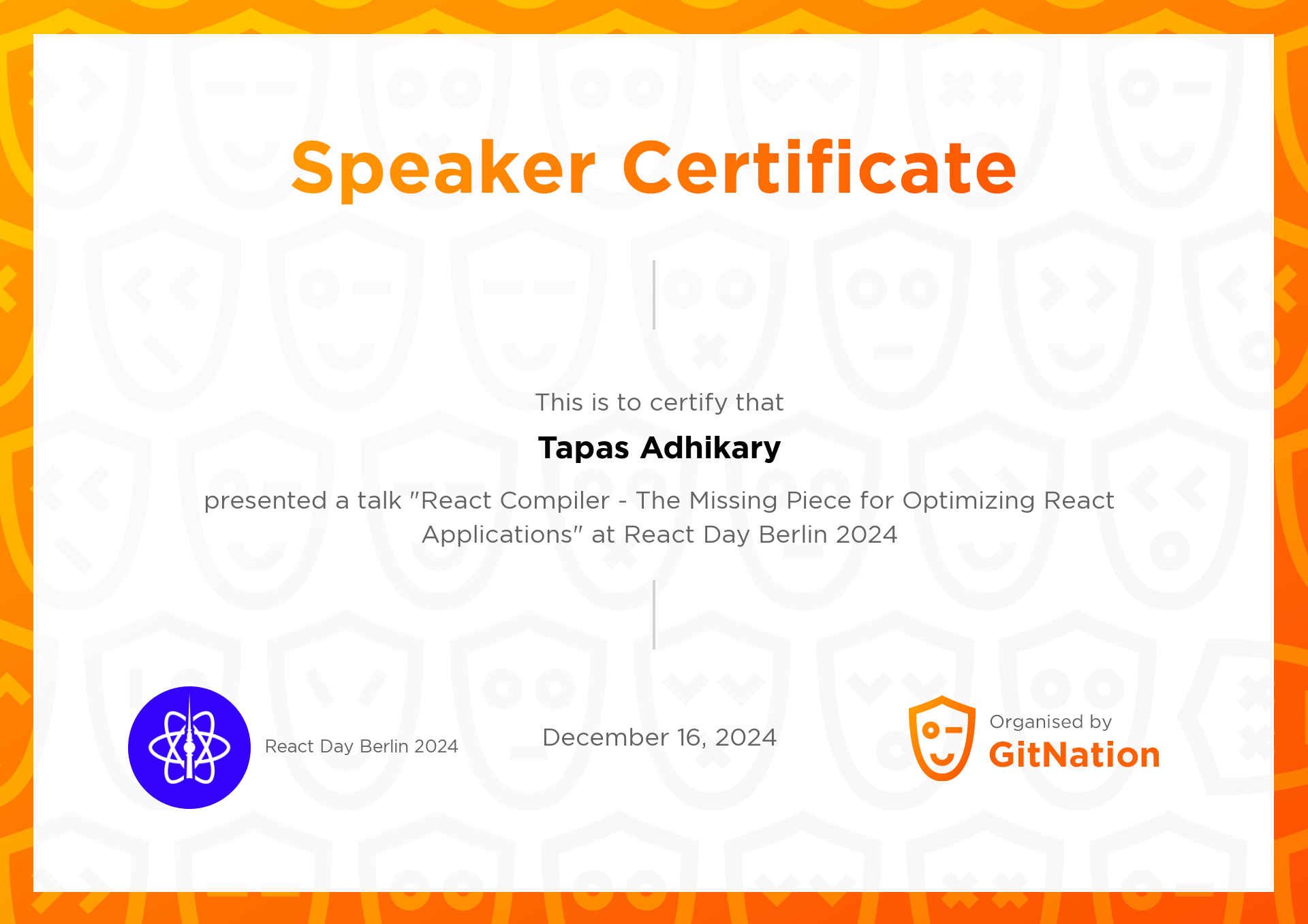 Tapas Adhikary's Certificate from React Day Berlin