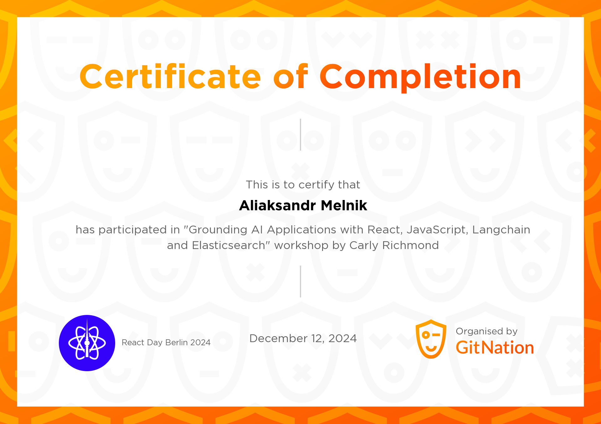 Aliaksandr Melnik's Certificate from React Day Berlin