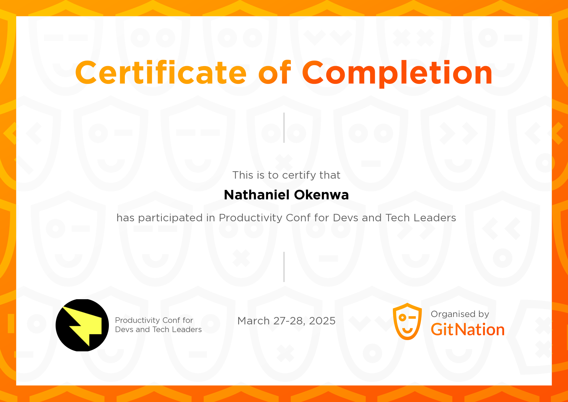 Nathaniel Okenwa's Certificate from Productivity Conference for Devs and Tech Leaders