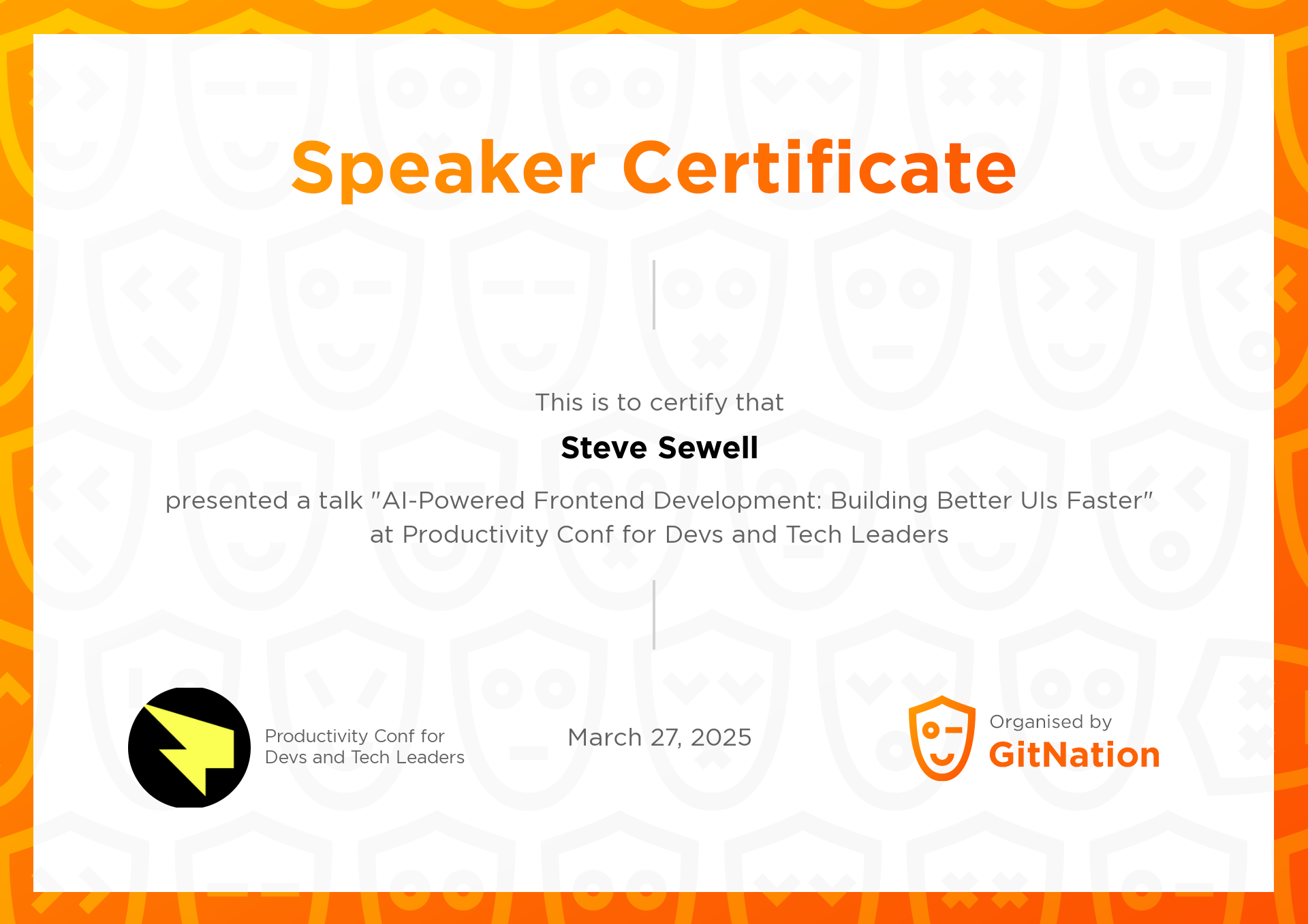 Steve Sewell's Certificate from Productivity Conference for Devs and Tech Leaders