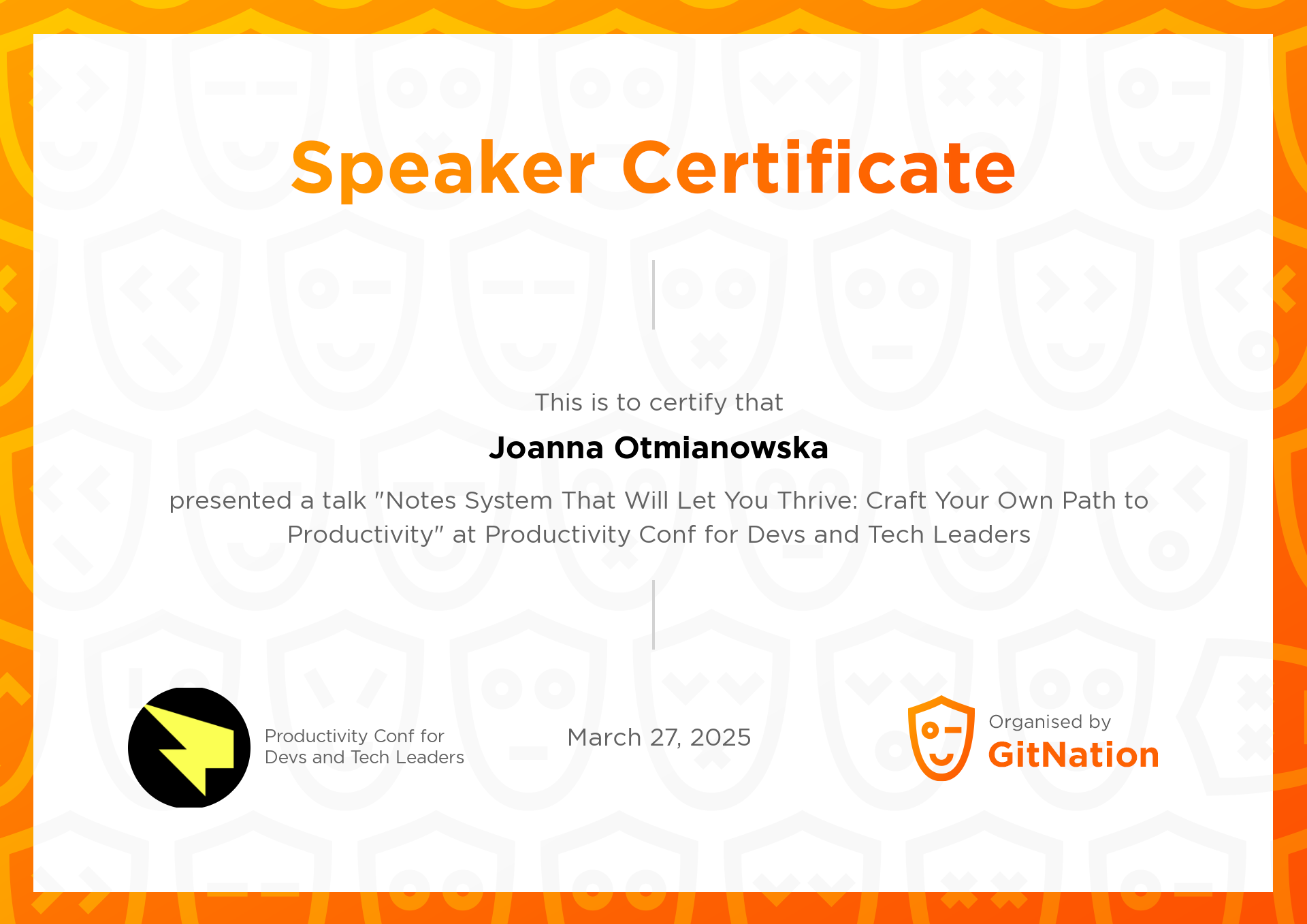 Joanna Otmianowska's Certificate from AI Coding Summit