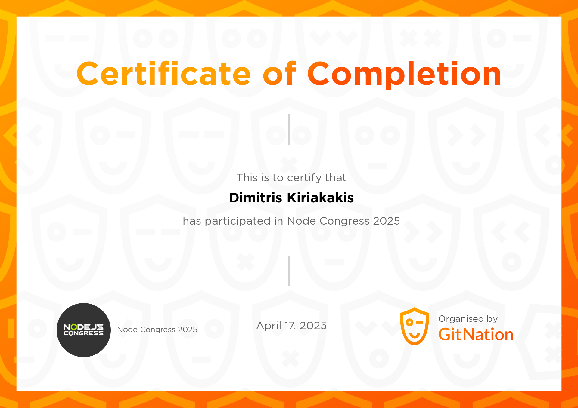 Dimitris Kiriakakis's Certificate from Node Congress