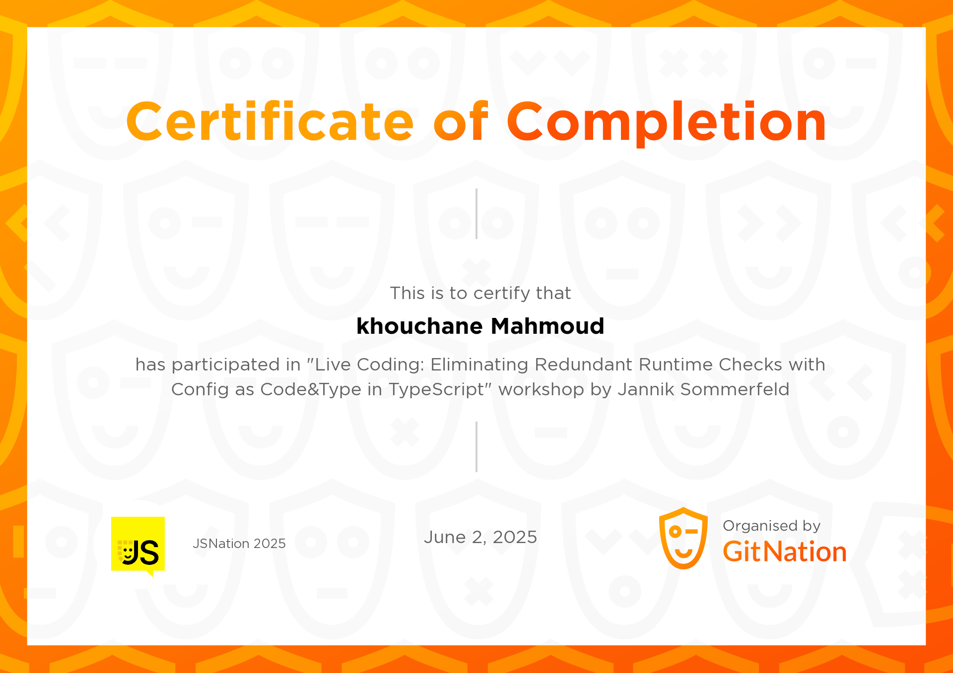 khouchane Mahmoud's Certificate from JS Nation