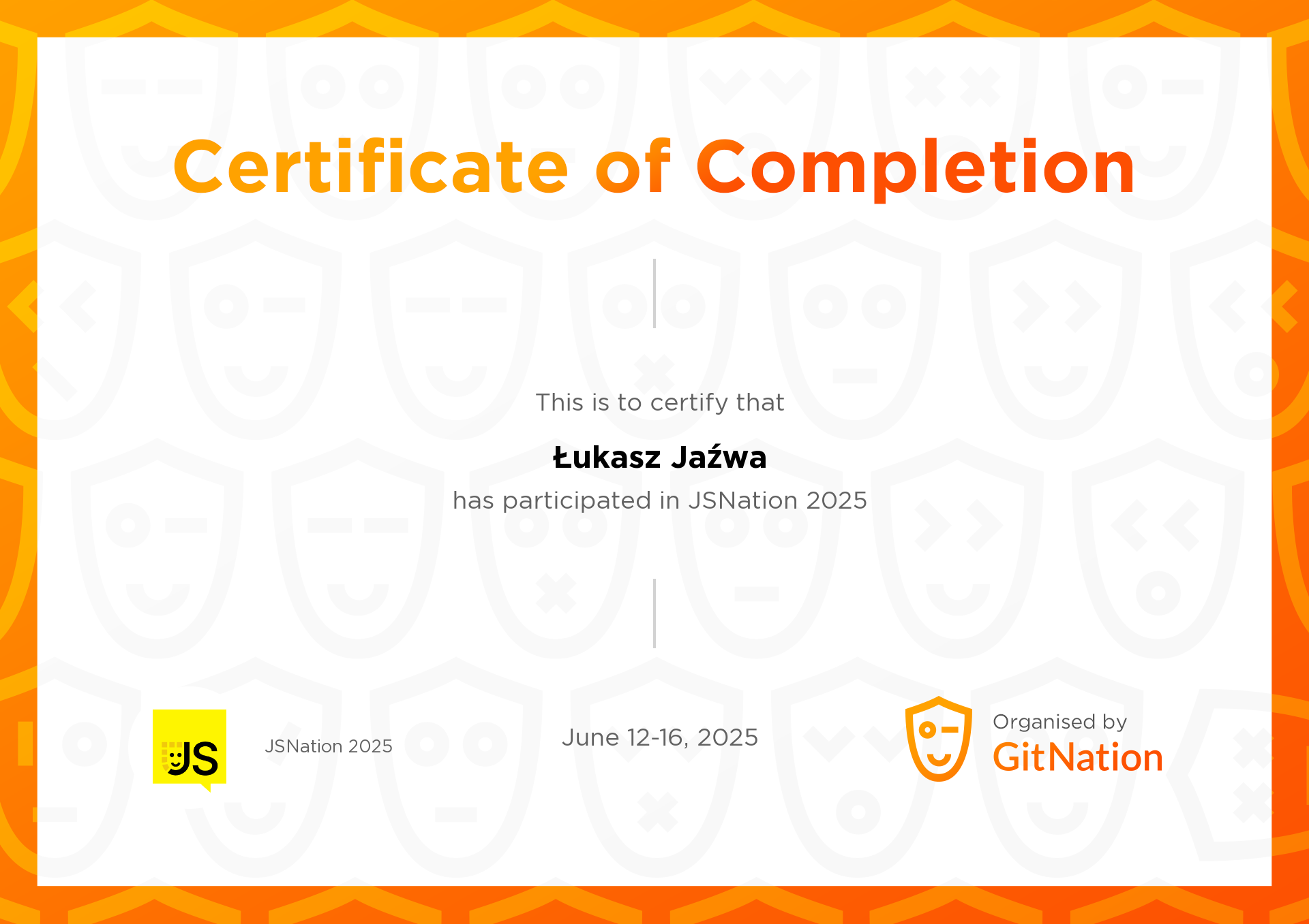 Łukasz Jaźwa's Certificate from JS Nation