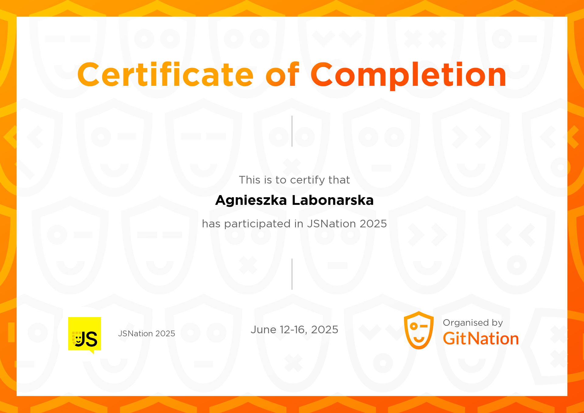 Agnieszka Labonarska's Certificate from JS Nation