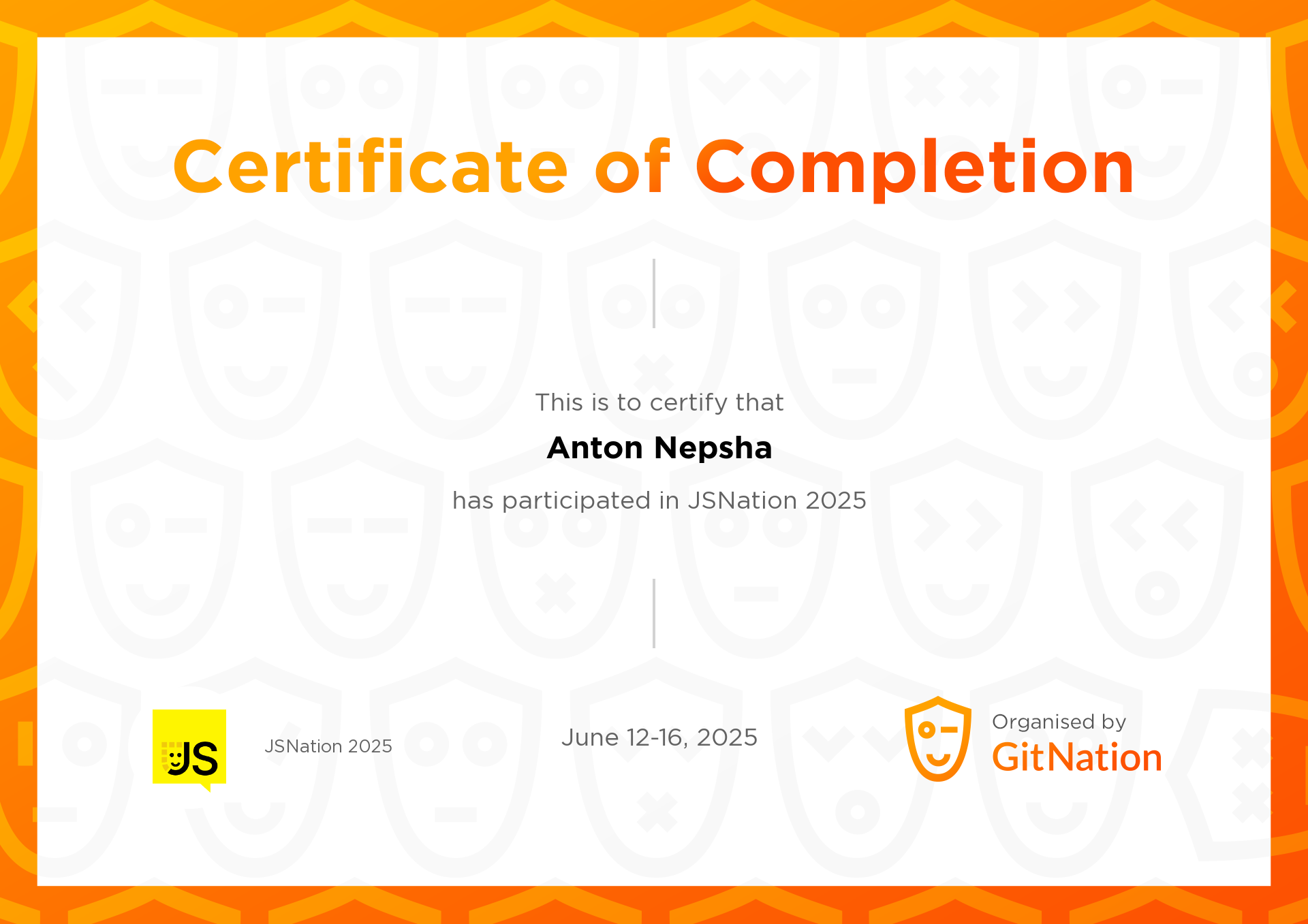 Anton Nepsha's Certificate from JS Nation
