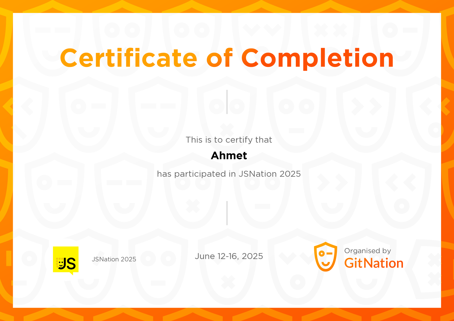 Ahmet's Certificate from JS Nation