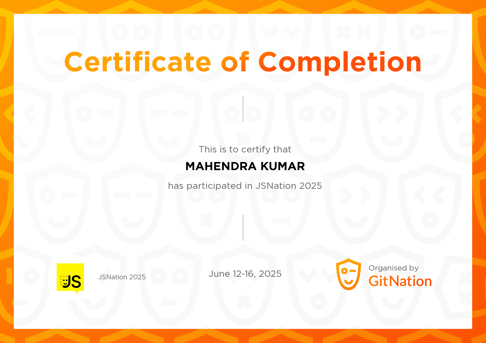 MAHENDRA KUMAR's Certificate from JS Nation
