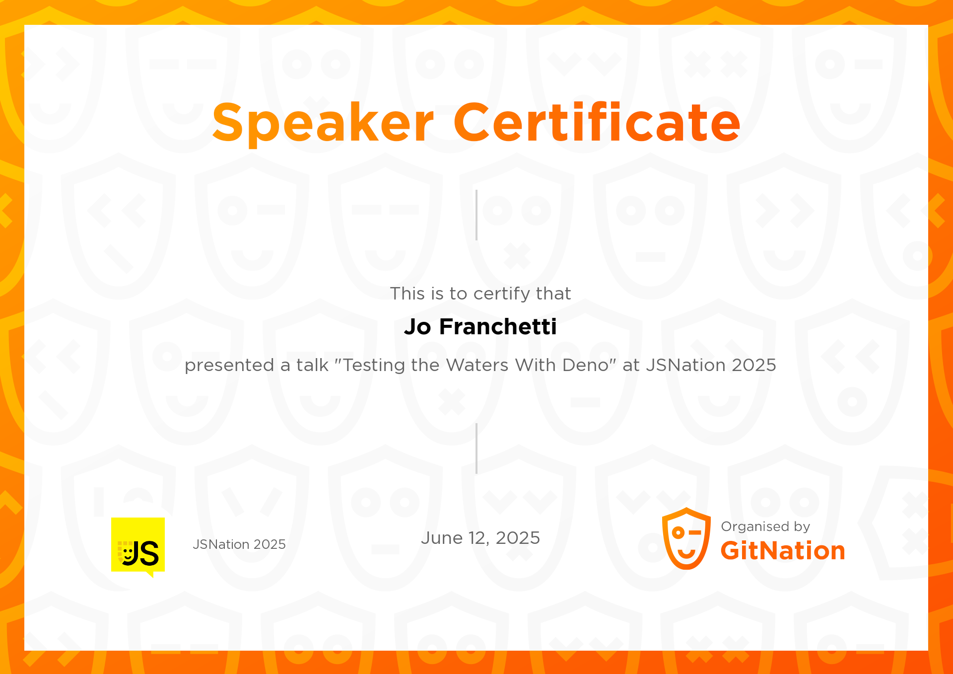 Jo Franchetti's Certificate from JS Nation