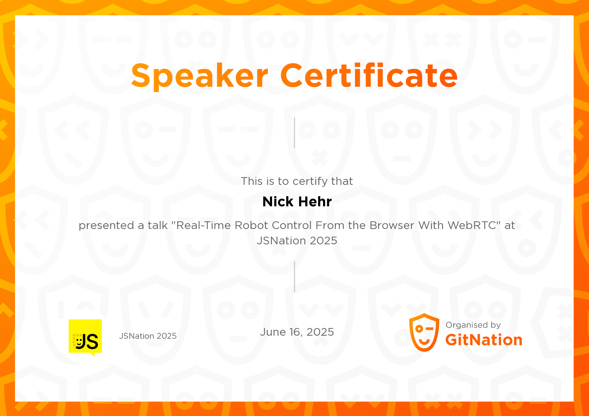 Nick Hehr's Certificate from JS Nation