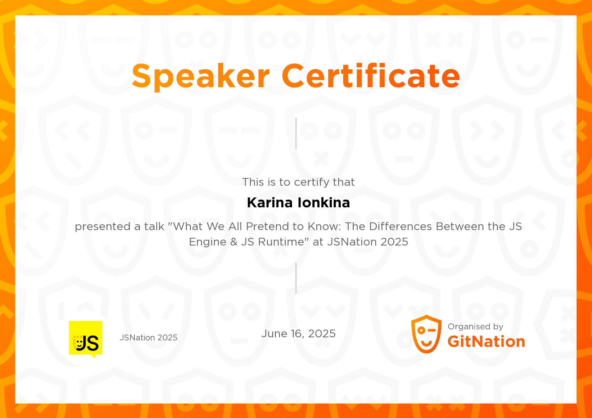 Karina Ionkina's Certificate from JS Nation