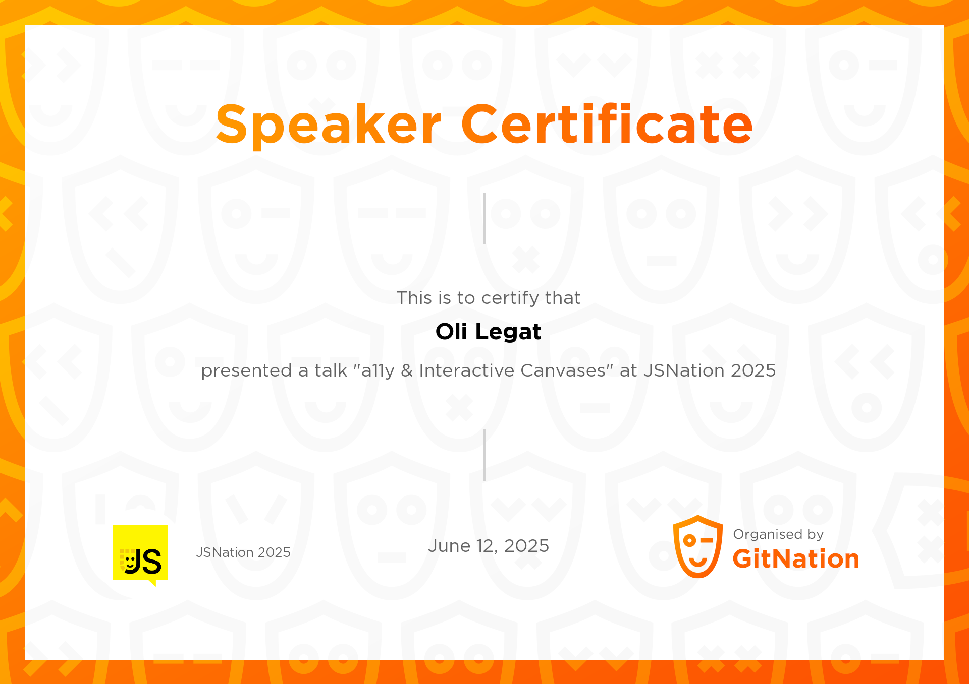 Oli Legat's Certificate from JS Nation