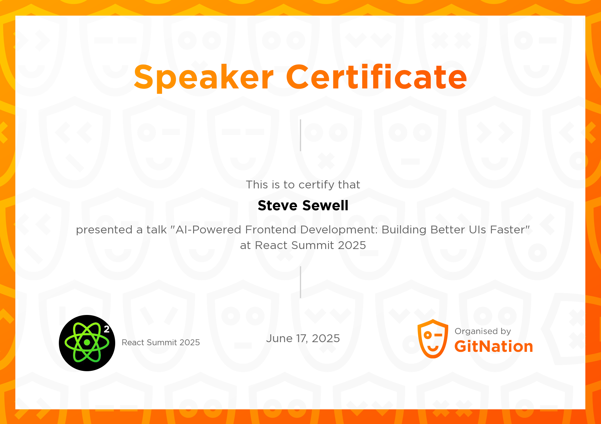 Steve Sewell's Certificate from React Summit