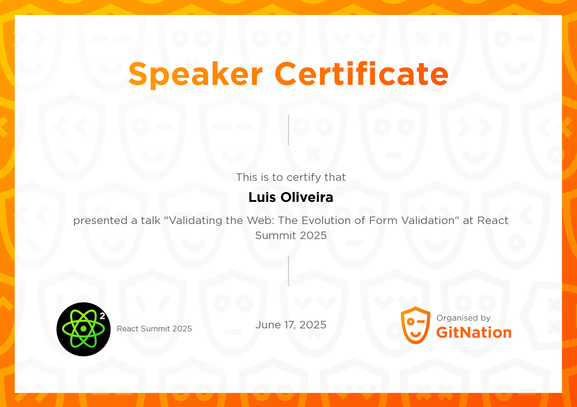 Luis Oliveira's Certificate from React Summit