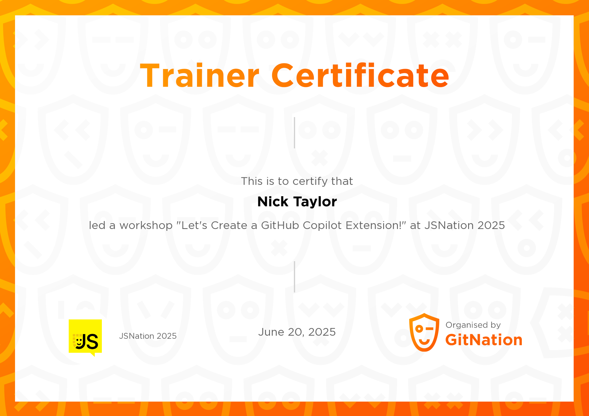 Nick Taylor's Certificate from JS Nation