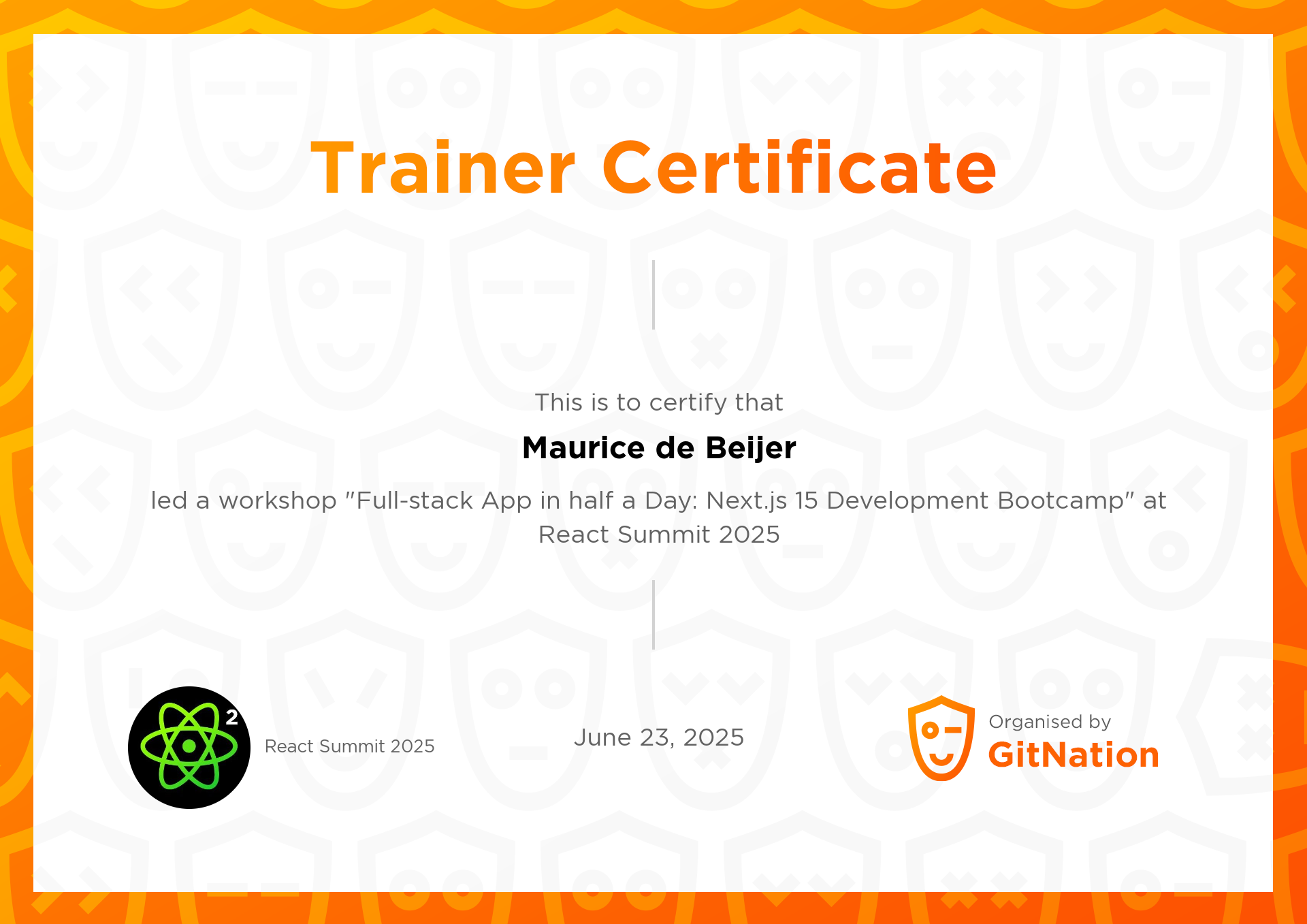 Maurice de Beijer's Certificate from React Summit