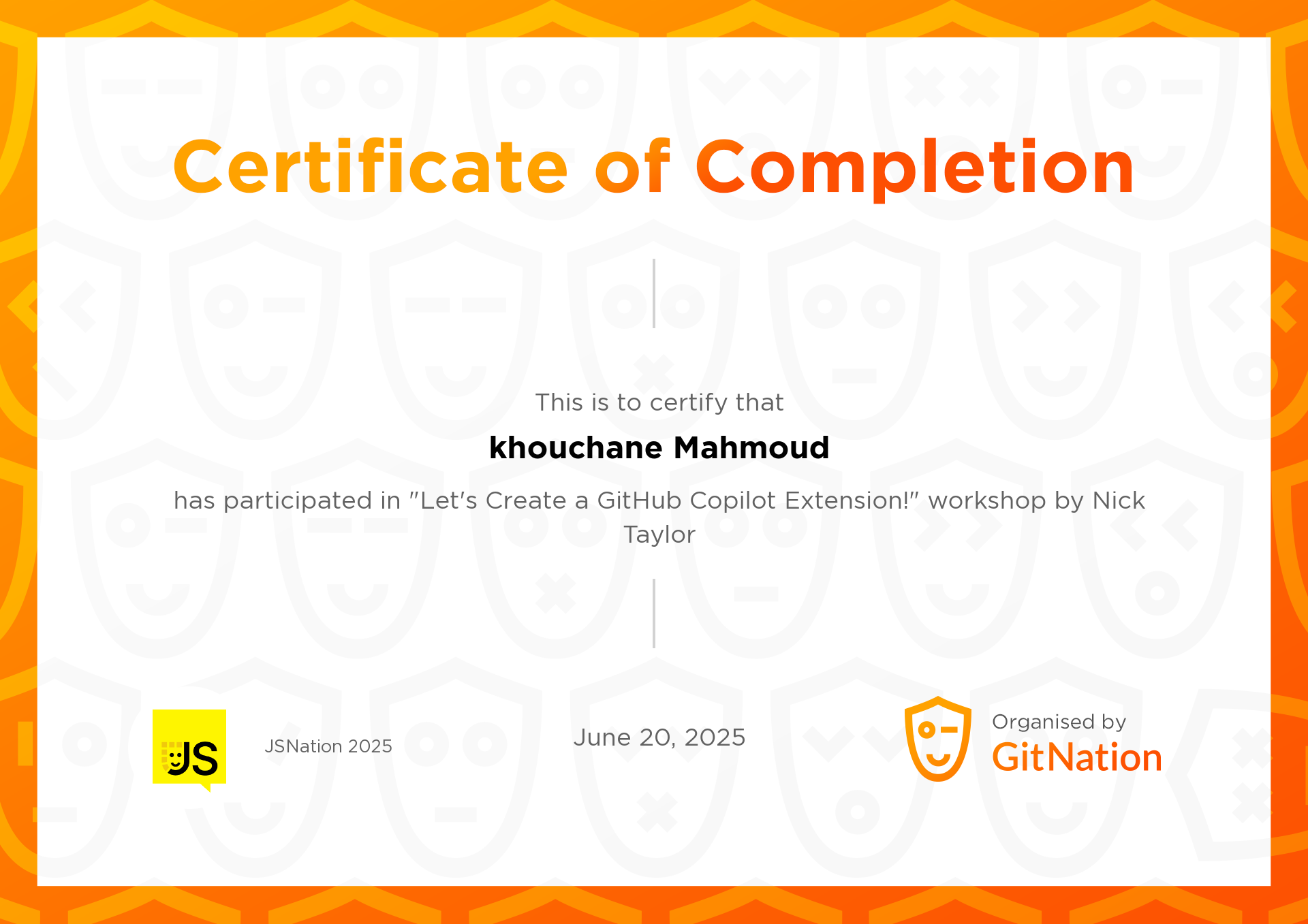 khouchane Mahmoud's Certificate from JS Nation