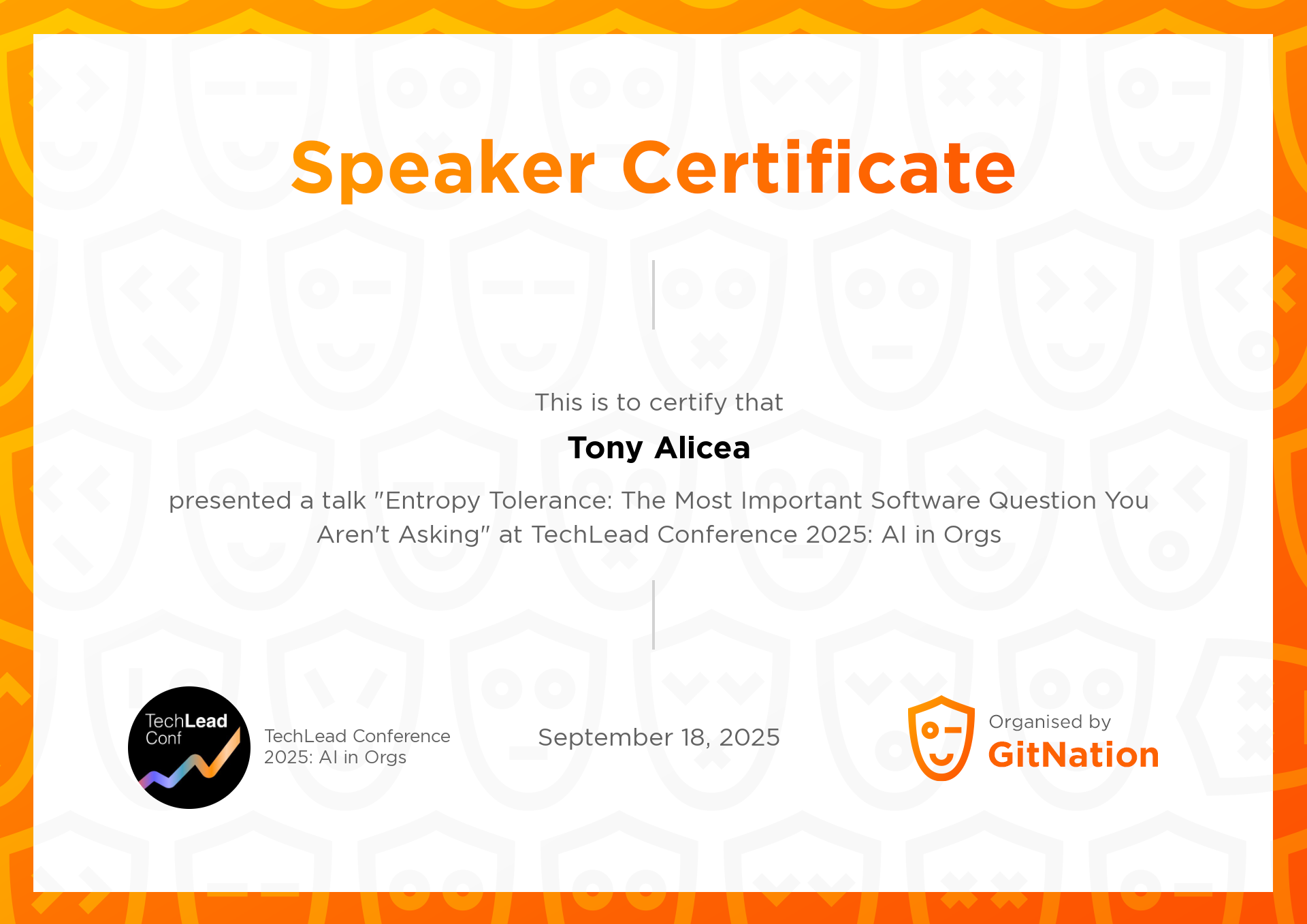 Tony Alicea's Certificate from TechLead Conference