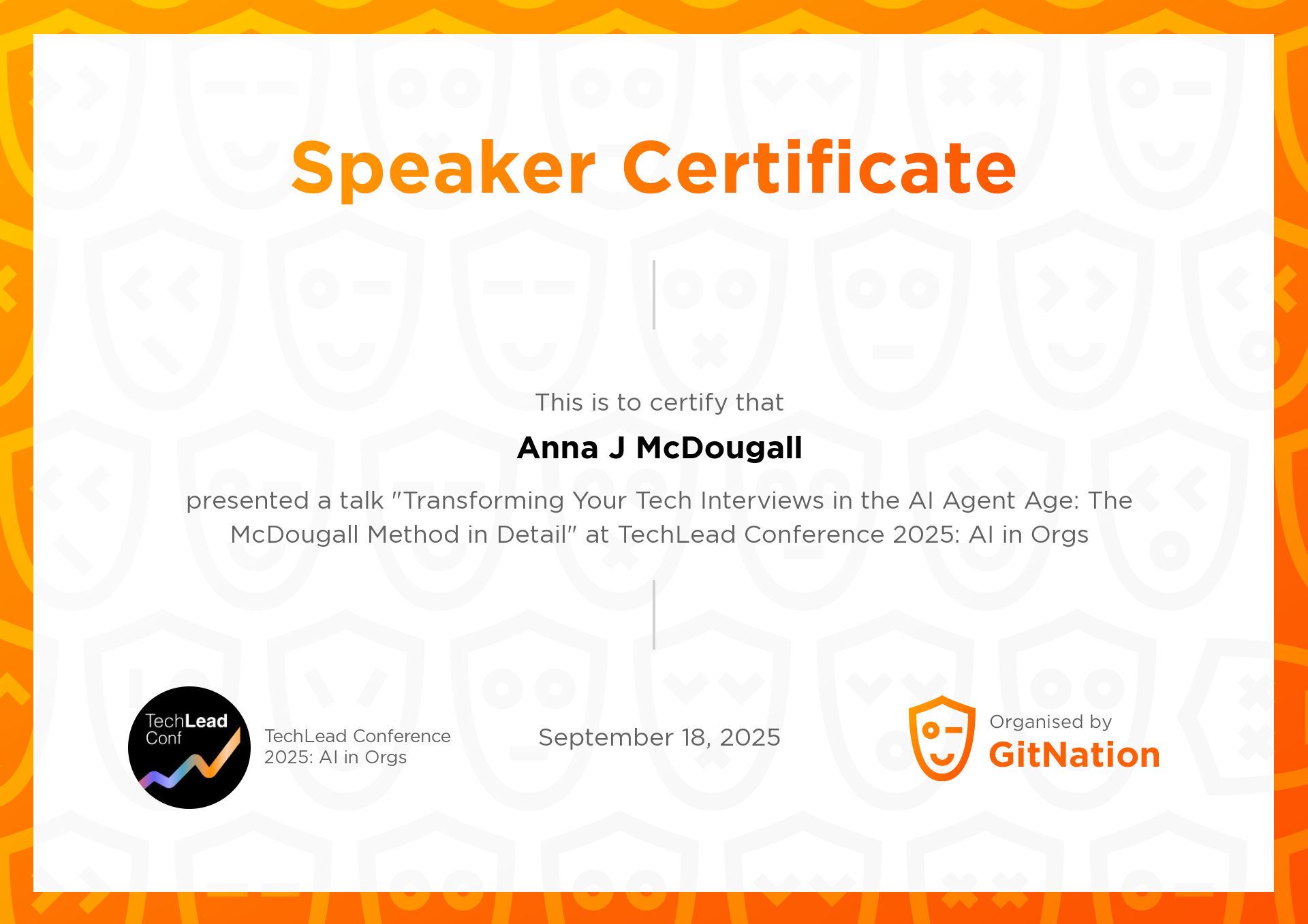 Anna J McDougall's Certificate from TechLead Conference