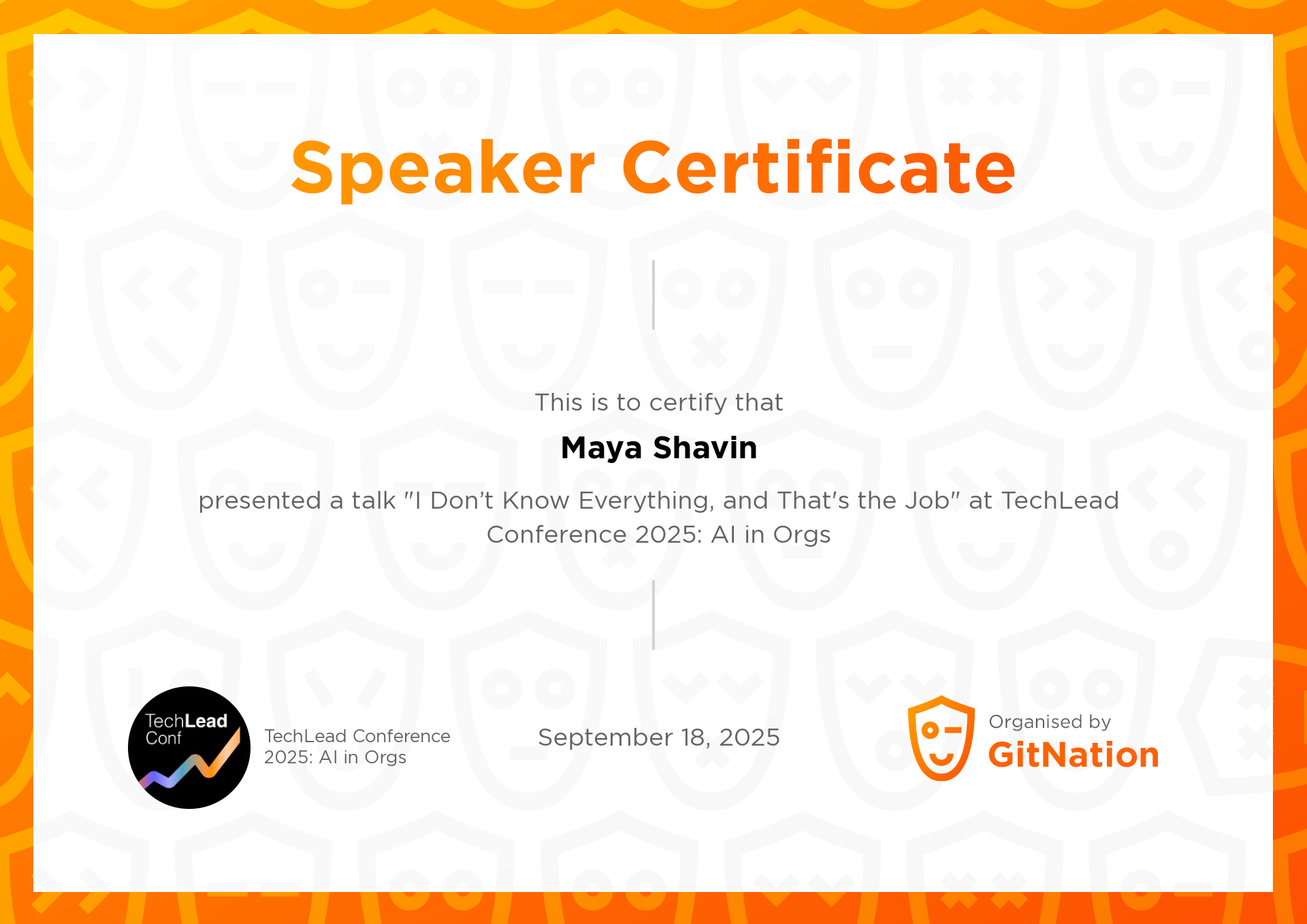 Maya Shavin's Certificate from TechLead Conference