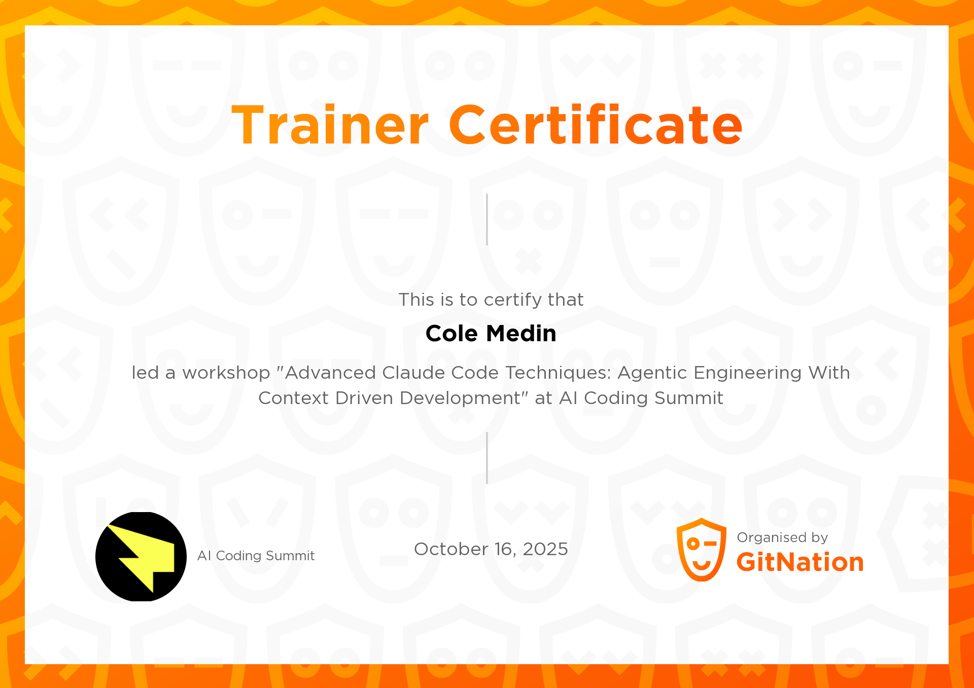 Cole Medin's Certificate from AI Coding Summit