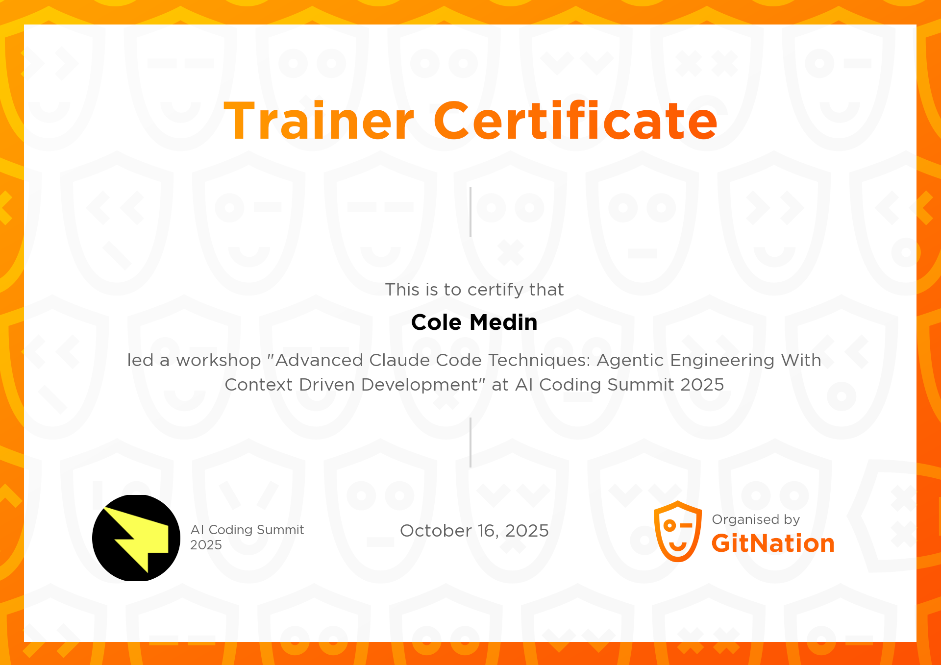 Cole Medin's Certificate from AI Coding Summit