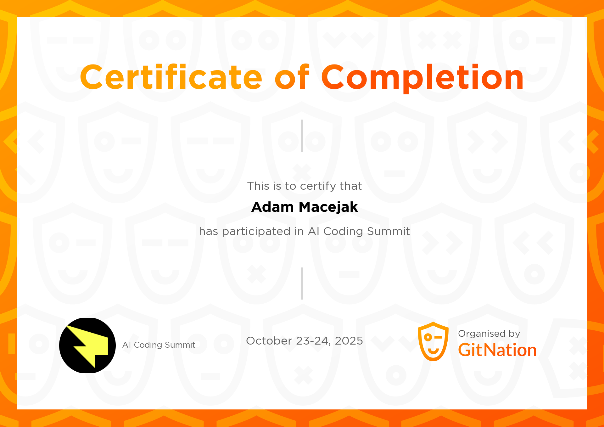 Adam Macejak's Certificate from AI Coding Summit
