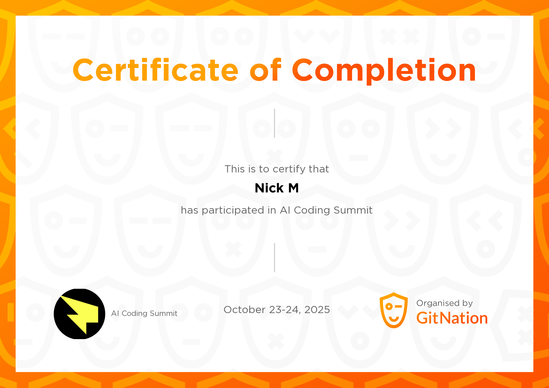 Nick M's Certificate from AI Coding Summit