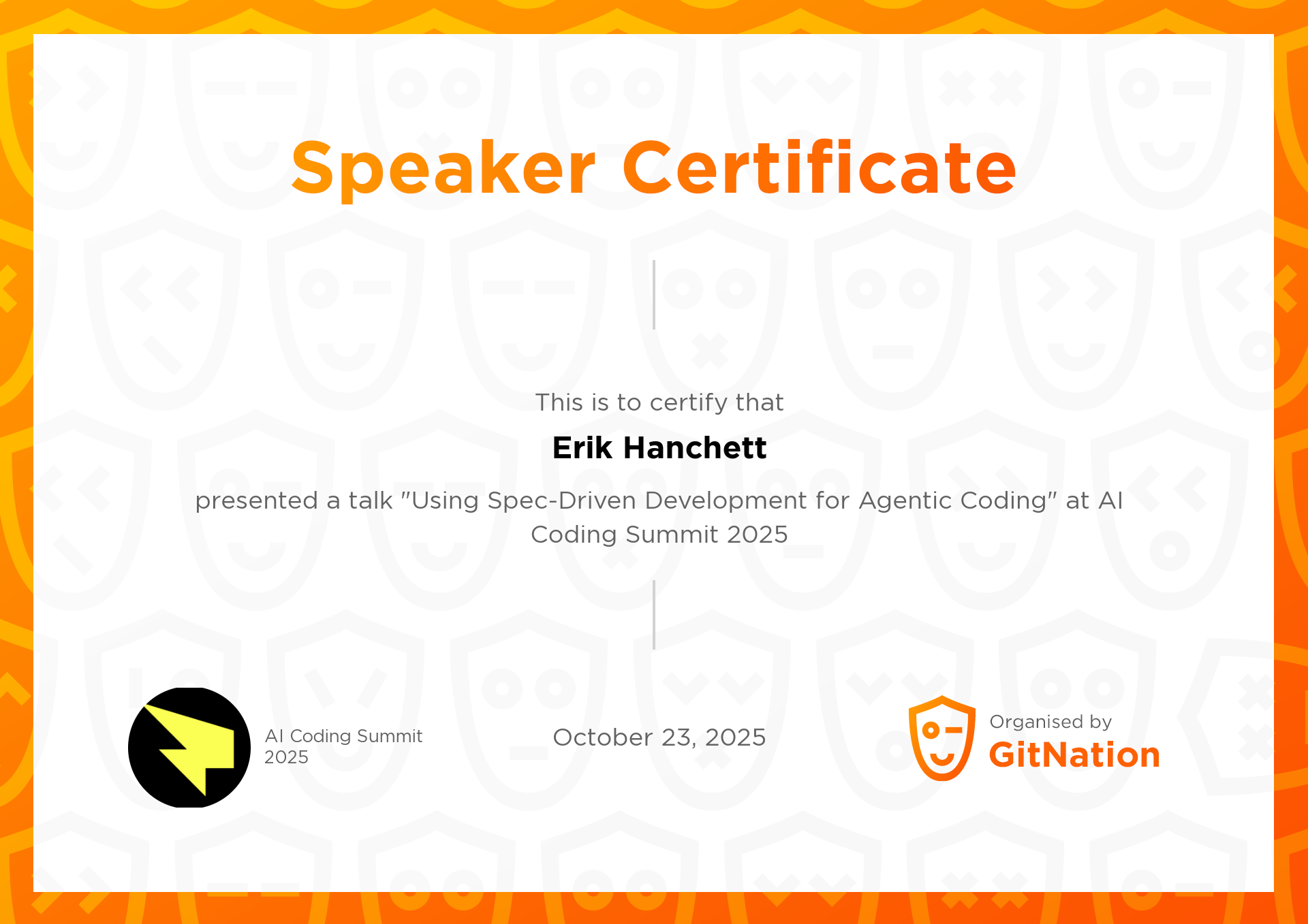 Erik Hanchett's Certificate from AI Coding Summit