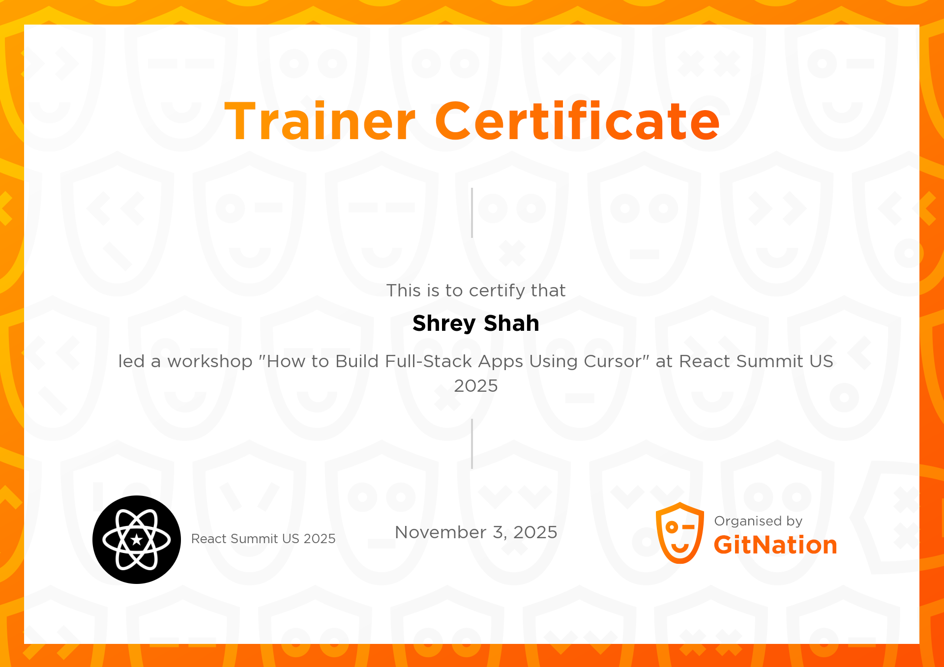 Shrey Shah's Certificate from React Summit US